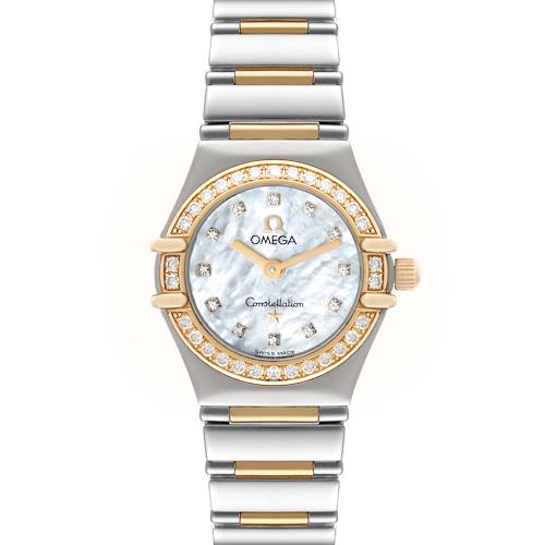 The image shows a front view of the Omega Constellation 95 Mother of Pearl Diamond Yellow Gold Steel Ladies Watch 1267.75.00, highlighting its dial and bracelet.