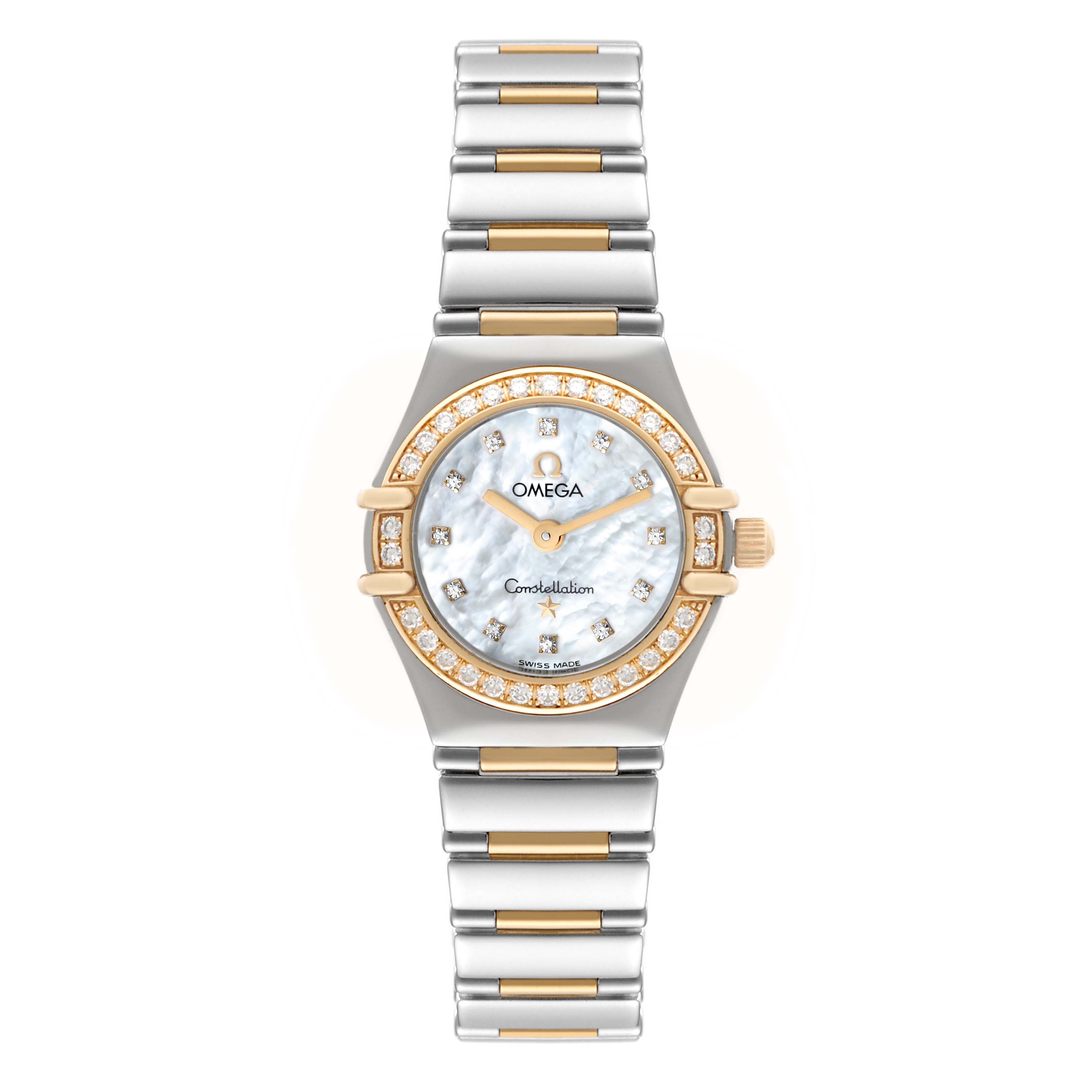The Omega 1267.75.00 Women's Steel and Gold (two tone) Mother of Pearl Dial 1267.75.00 Women's Steel and Gold (two tone) Mother of Pearl Dial Constellation 95 Mother of Pearl Diamond Yellow Gold Steel Ladies Watch 1267.75.00 is shown in a front-facing angle.