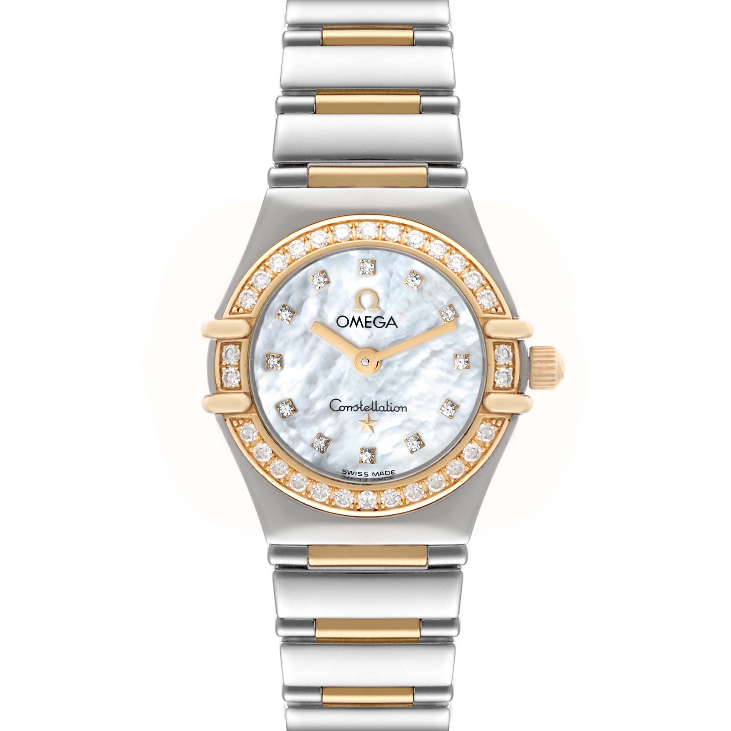 The Omega 1267.75.00 Women's Steel and Gold (two tone) Mother of Pearl Dial 1267.75.00 Women's Steel and Gold (two tone) Mother of Pearl Dial Constellation 95 Mother of Pearl Diamond Yellow Gold Steel Ladies Watch 1267.75.00 is shown from a front angle, highlighting its face and bracelet.