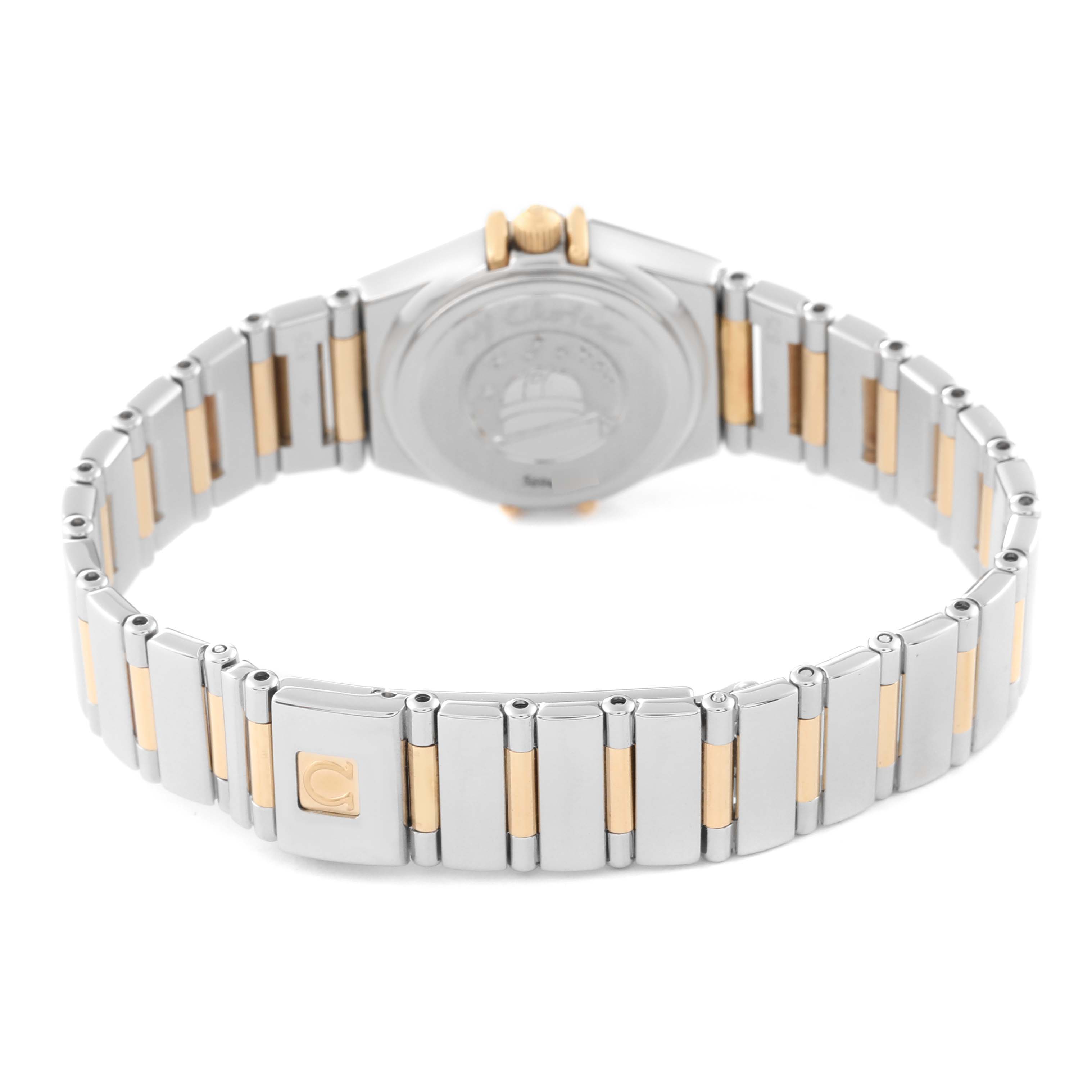 The image shows the back and band of the Omega 1267.75.00 Women's Steel and Gold (two tone) Mother of Pearl Dial 1267.75.00 Women's Steel and Gold (two tone) Mother of Pearl Dial Constellation 95 Mother of Pearl Diamond Yellow Gold Steel Ladies Watch, model 1267.75.00.