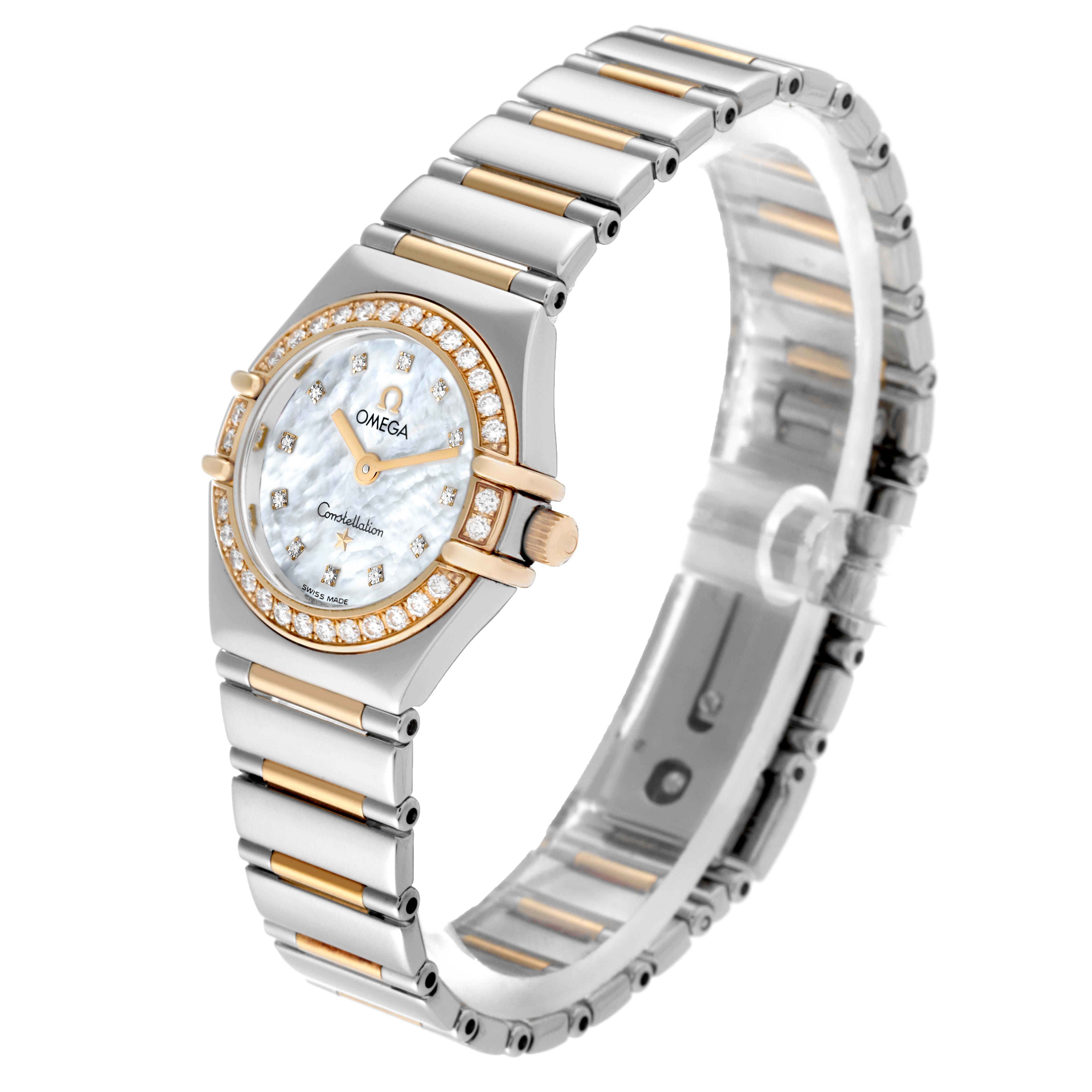 The Omega 1267.75.00 Women's Steel and Gold (two tone) Mother of Pearl Dial 1267.75.00 Women's Steel and Gold (two tone) Mother of Pearl Dial Constellation 95 Mother of Pearl Diamond Yellow Gold Steel Ladies Watch 1267.75.00 is shown at a 3/4 angle, highlighting the face and bracelet.