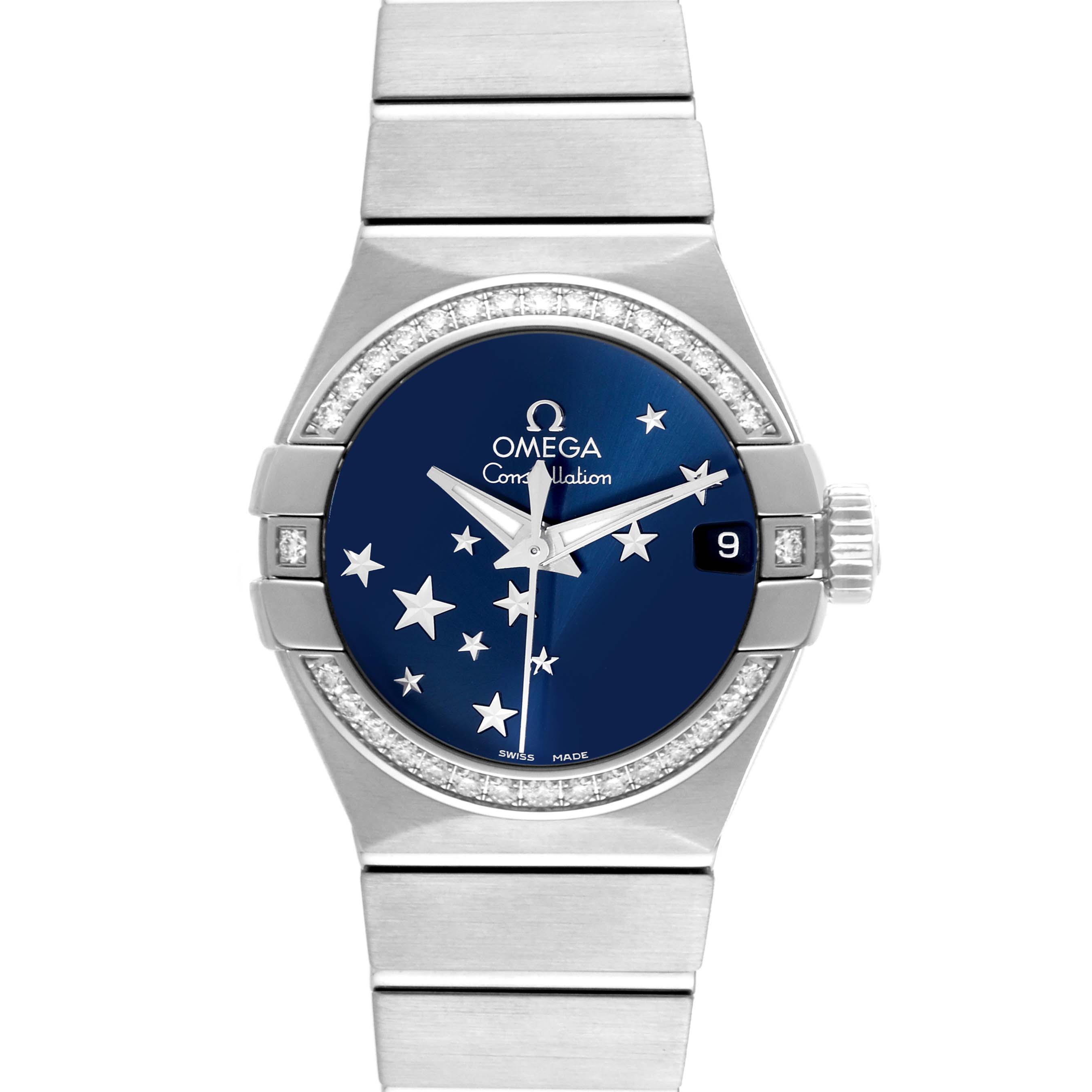 The image shows a front view of the Omega 123.15.27.20.03.001 Women's Stainless Steel Blue Dial 123.15.27.20.03.001 Women's Stainless Steel Blue Dial Constellation Orbis Star Steel Diamond Ladies Watch 123.15.27.20.03.001.