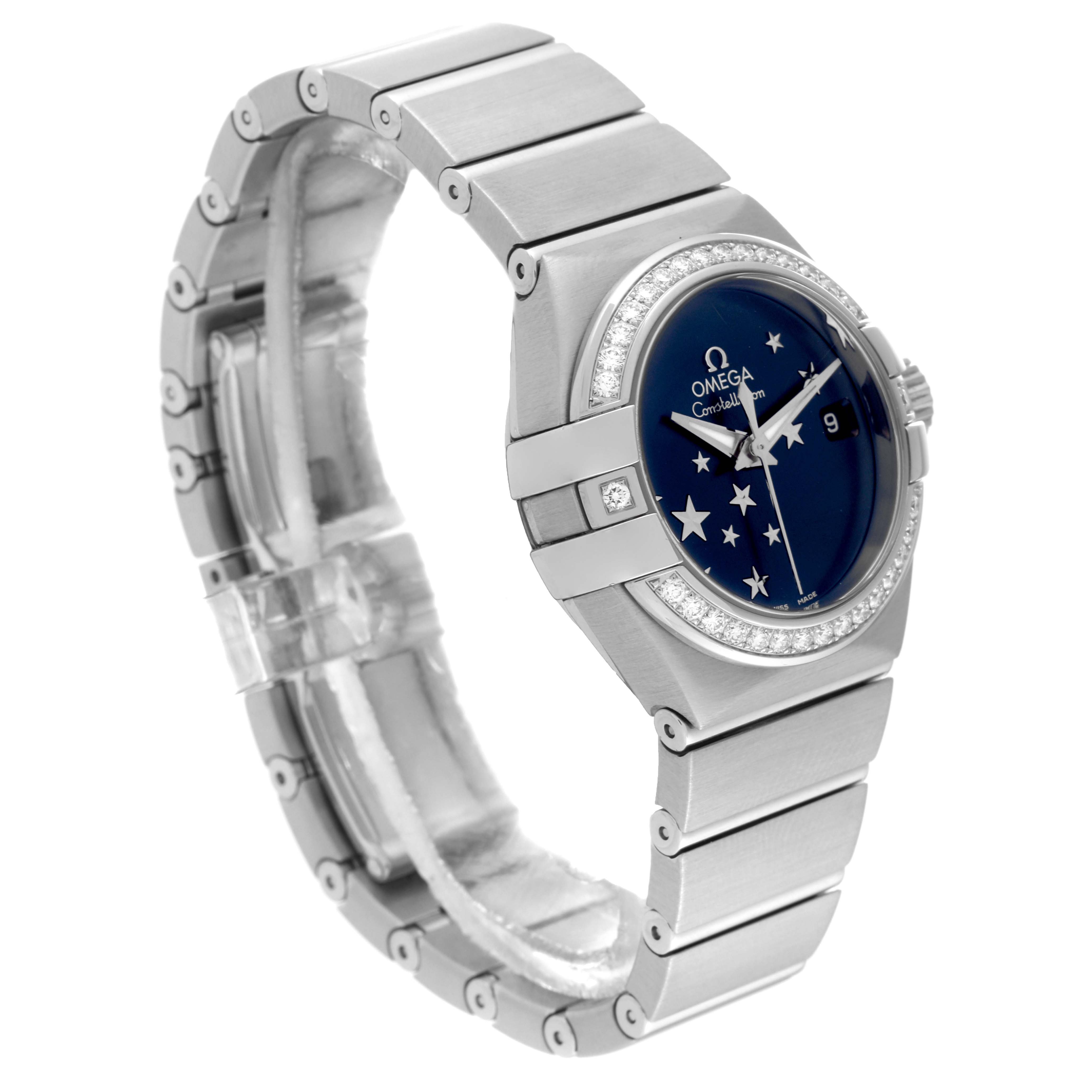 The image shows a side angle of the Omega 123.15.27.20.03.001 Women's Stainless Steel Blue Dial 123.15.27.20.03.001 Women's Stainless Steel Blue Dial Constellation Orbis Star Steel Diamond Ladies Watch 123.15.27.20.03.001, highlighting its bracelet and bezel.