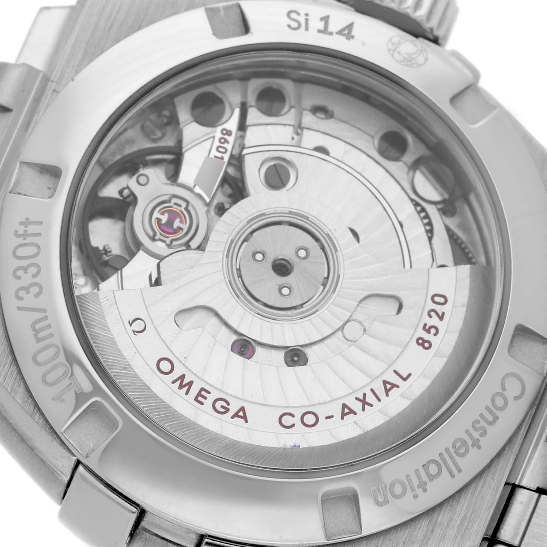 This image shows the back view of the Omega 123.15.27.20.03.001 Women's Stainless Steel Blue Dial 123.15.27.20.03.001 Women's Stainless Steel Blue Dial Constellation Orbis Star Steel Diamond Ladies Watch model 123.15.27.20.03.001, revealing its movement.