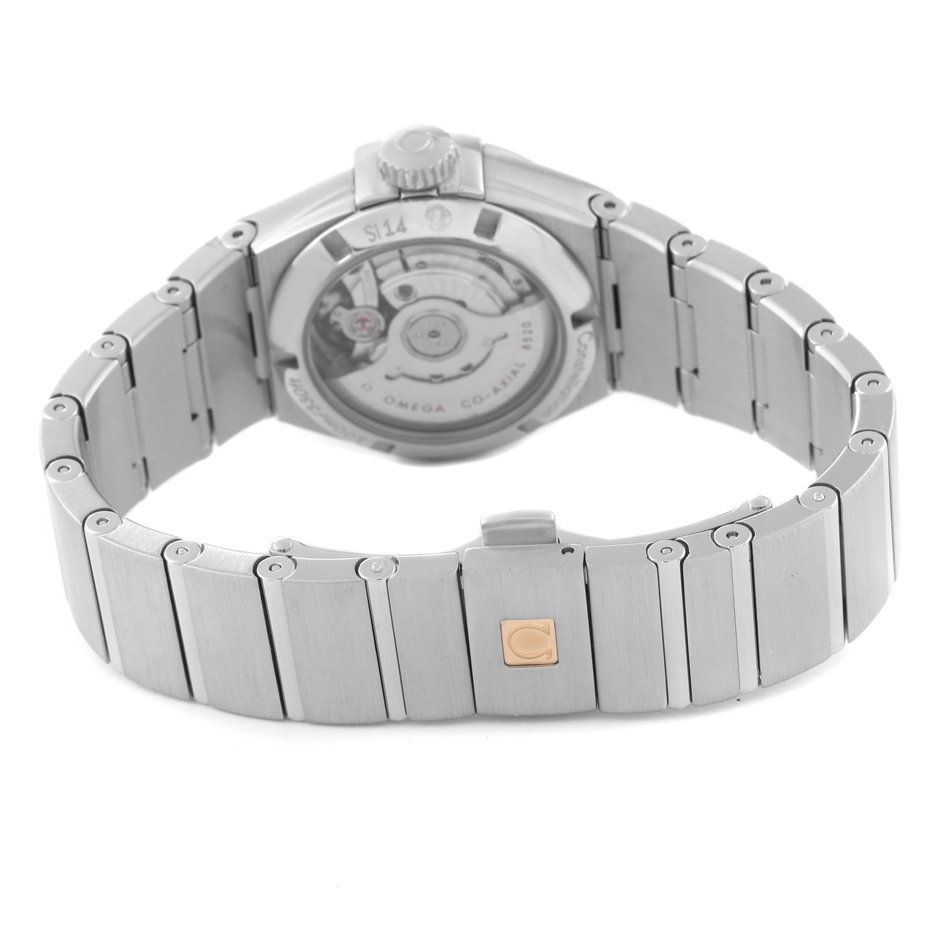 The image shows the back view and bracelet of the Omega 123.15.27.20.03.001 Women's Stainless Steel Blue Dial 123.15.27.20.03.001 Women's Stainless Steel Blue Dial Constellation Orbis Star Steel Diamond Ladies Watch 123.15.27.20.03.001.