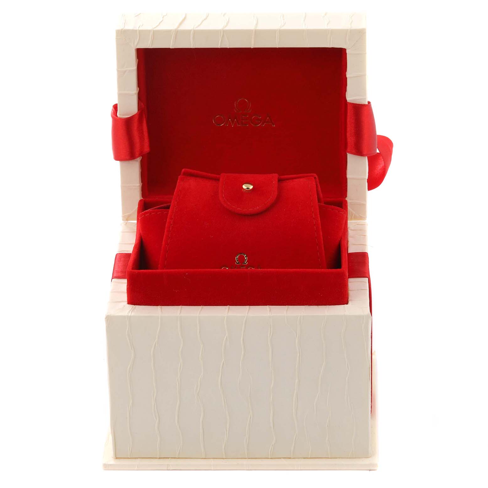 The image shows the packaging, including the red inner box and pouch, of the Omega 123.15.27.20.03.001 Women's Stainless Steel Blue Dial 123.15.27.20.03.001 Women's Stainless Steel Blue Dial Constellation Orbis Star Steel Diamond Ladies Watch 123.15.27.20.03.001.