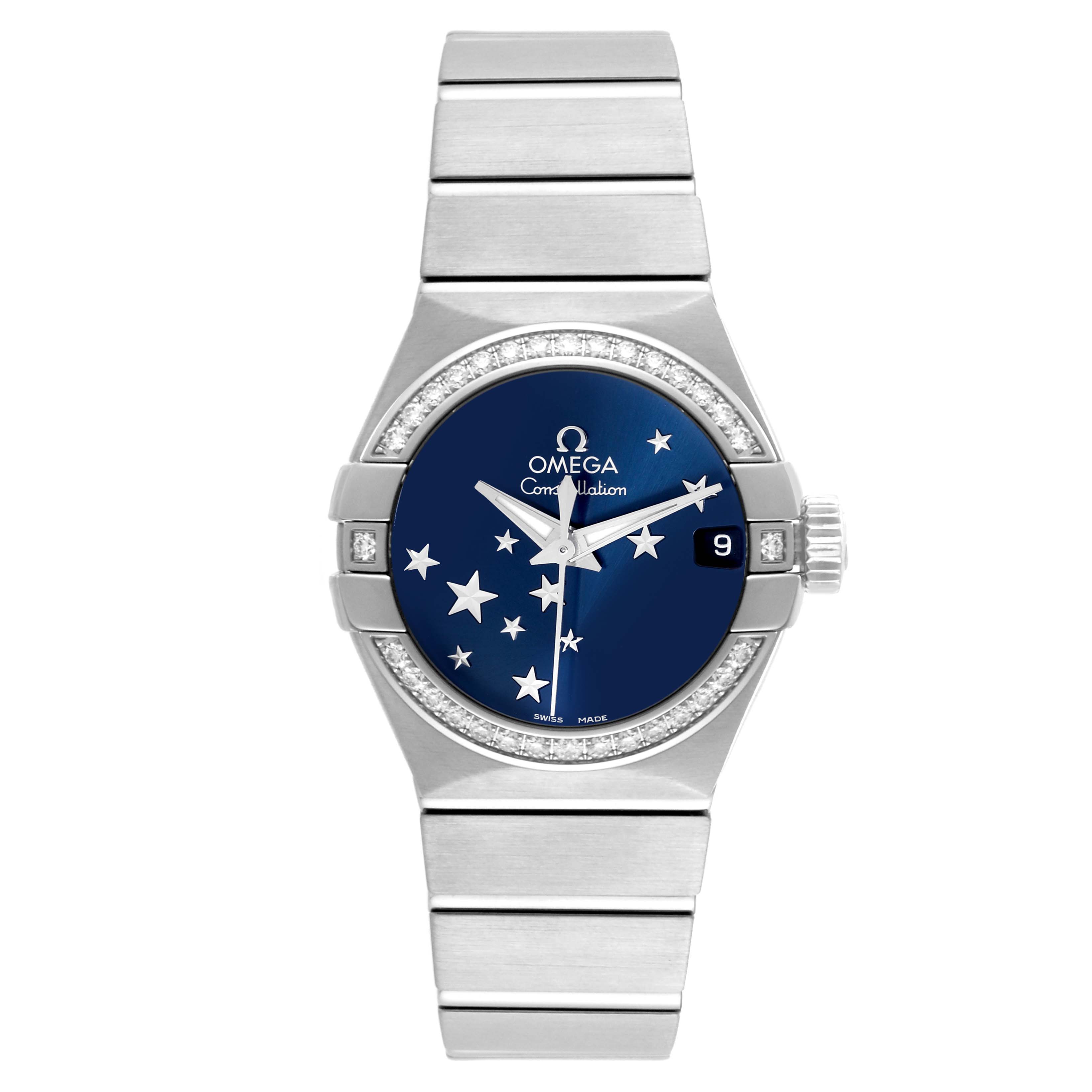 This image shows a front view of the Omega 123.15.27.20.03.001 Women's Stainless Steel Blue Dial 123.15.27.20.03.001 Women's Stainless Steel Blue Dial Constellation Orbis Star Steel Diamond Ladies Watch, model 123.15.27.20.03.001.