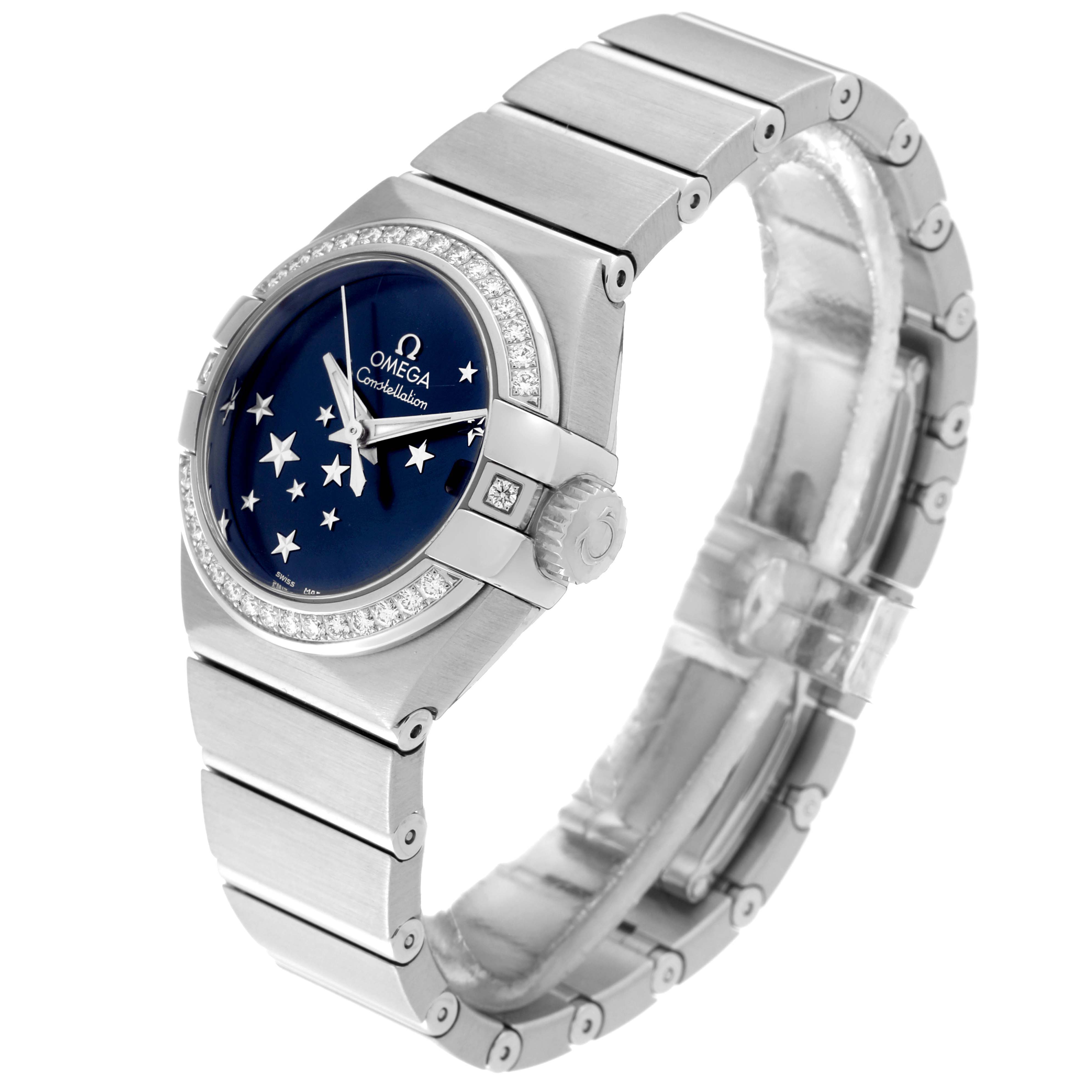 This image shows an angled view of the Omega 123.15.27.20.03.001 Women's Stainless Steel Blue Dial 123.15.27.20.03.001 Women's Stainless Steel Blue Dial Constellation Orbis Star Steel Diamond Ladies Watch 123.15.27.20.03.001, highlighting the dial, bezel, and bracelet.