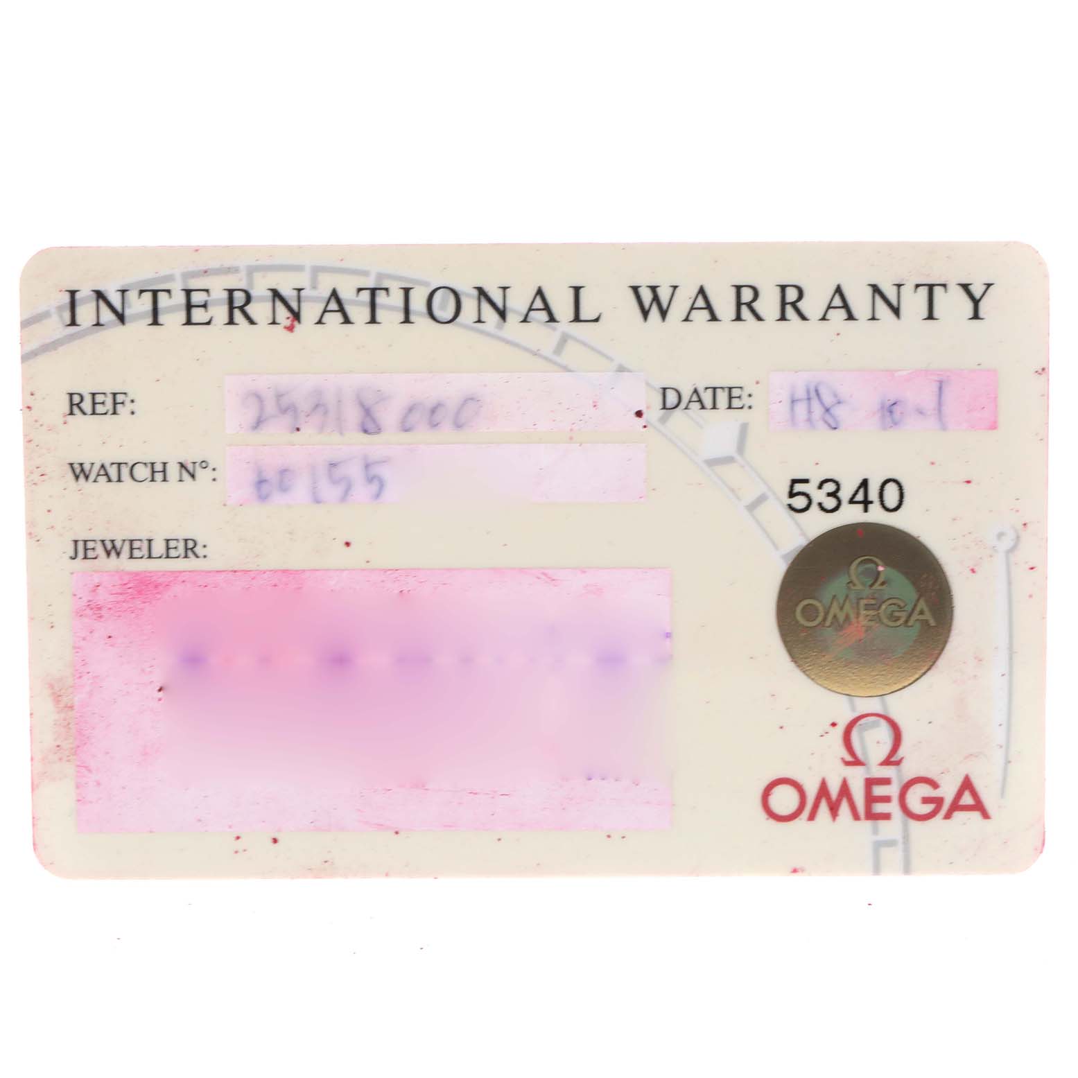 This image shows the International Warranty card for the Omega Seamaster 2531.80.00 Men's Stainless Steel Blue Dial 2531.80.00 Men's Stainless Steel Blue Dial model.