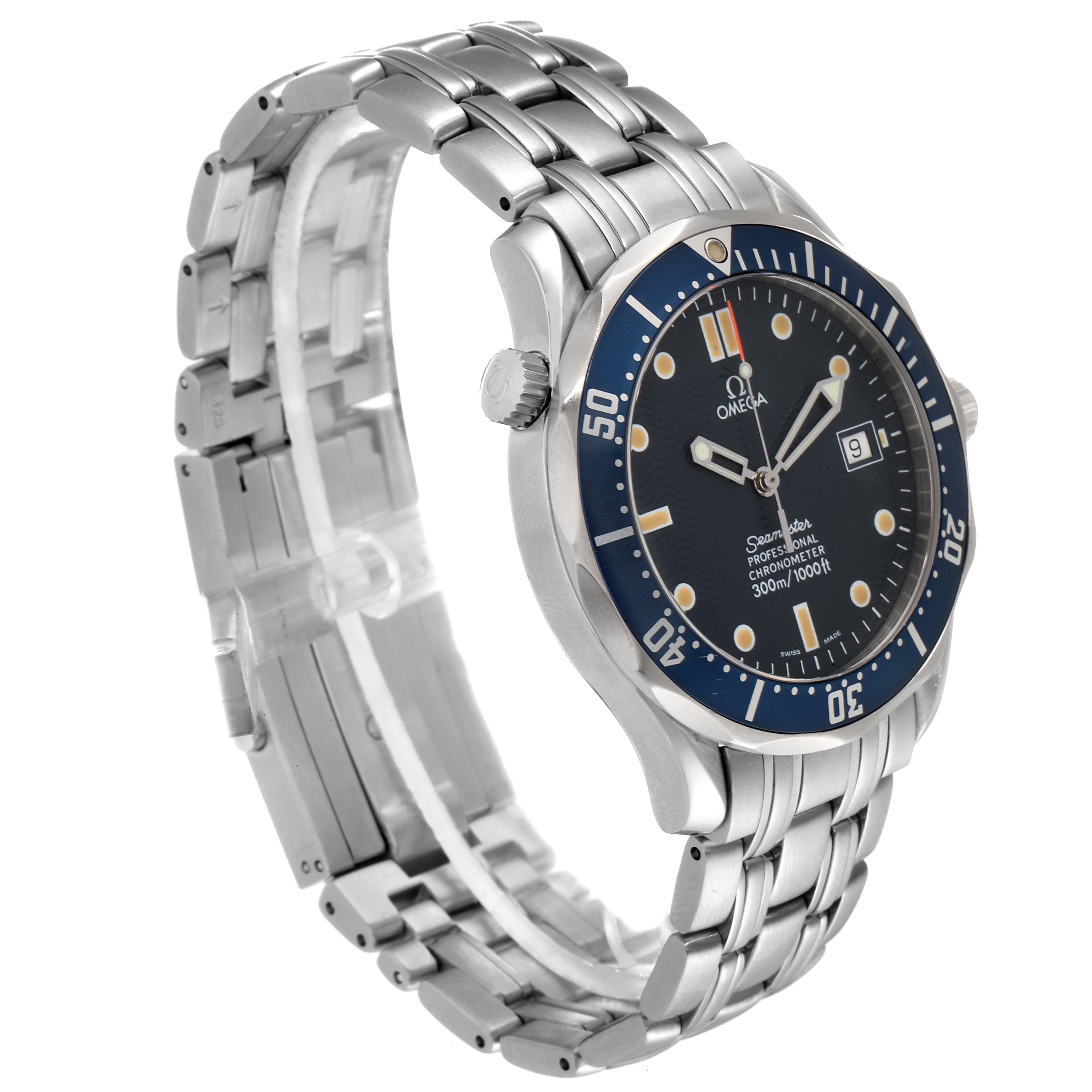 The image shows a three-quarter angled view of an Omega Seamaster 2531.80.00 Men's Stainless Steel Blue Dial 2531.80.00 Men's Stainless Steel Blue Dial watch, highlighting the dial, bezel, and bracelet.