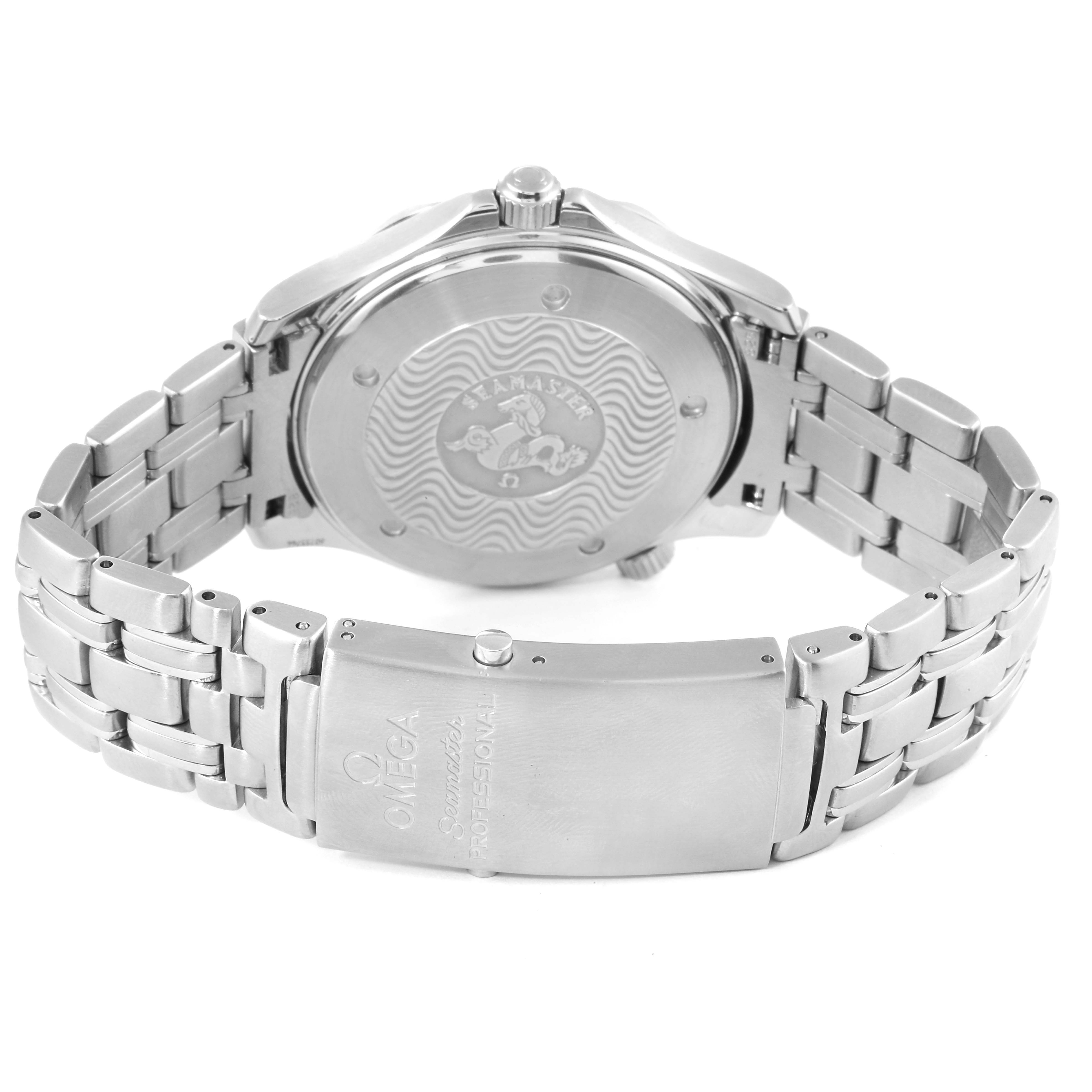 This image shows the back case and stainless steel bracelet of an Omega Seamaster 2531.80.00 Men's Stainless Steel Blue Dial 2531.80.00 Men's Stainless Steel Blue Dial watch from a rear angle.