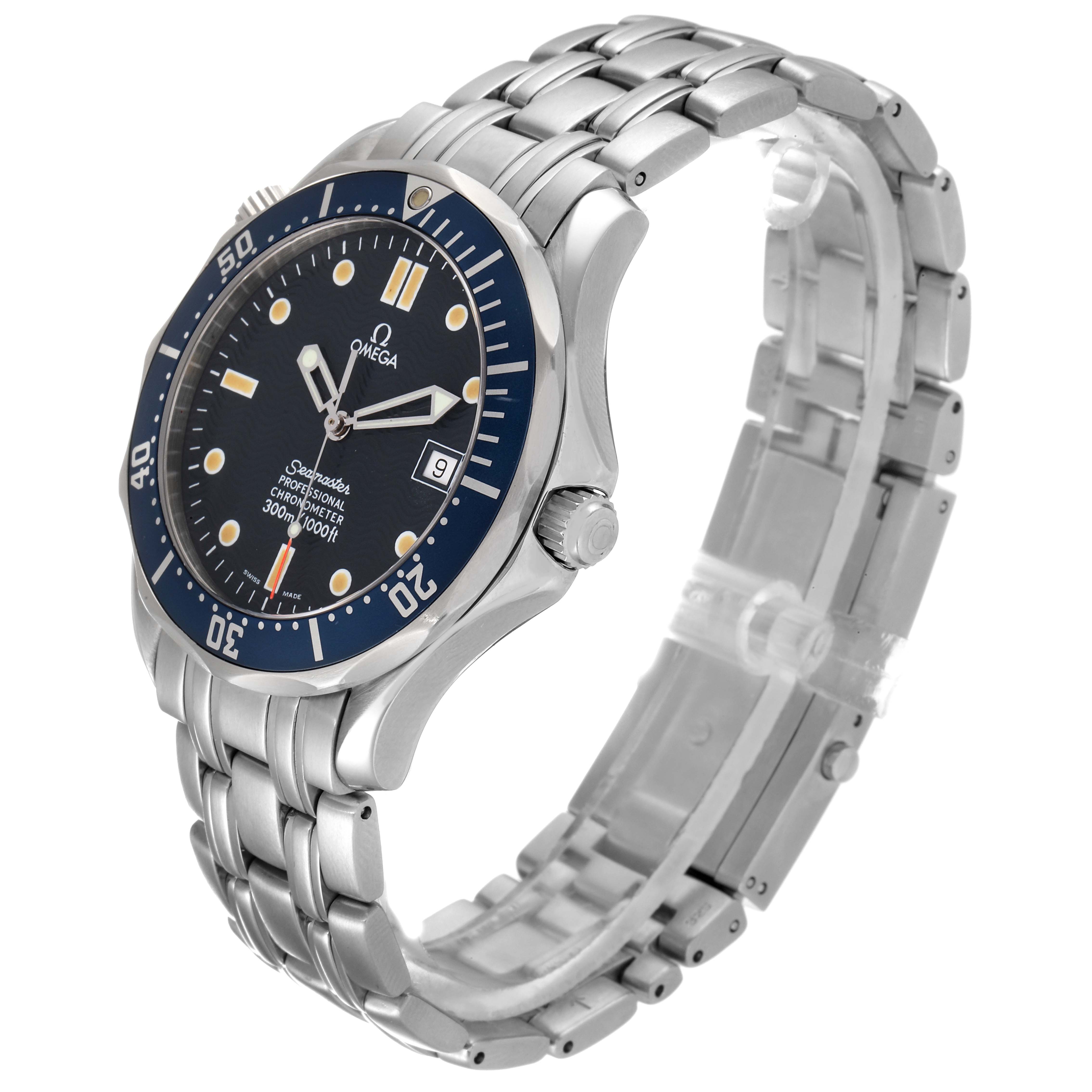 The image shows an Omega Seamaster 2531.80.00 Men's Stainless Steel Blue Dial 2531.80.00 Men's Stainless Steel Blue Dial wristwatch from a three-quarter angle, highlighting the dial, bezel, and bracelet.