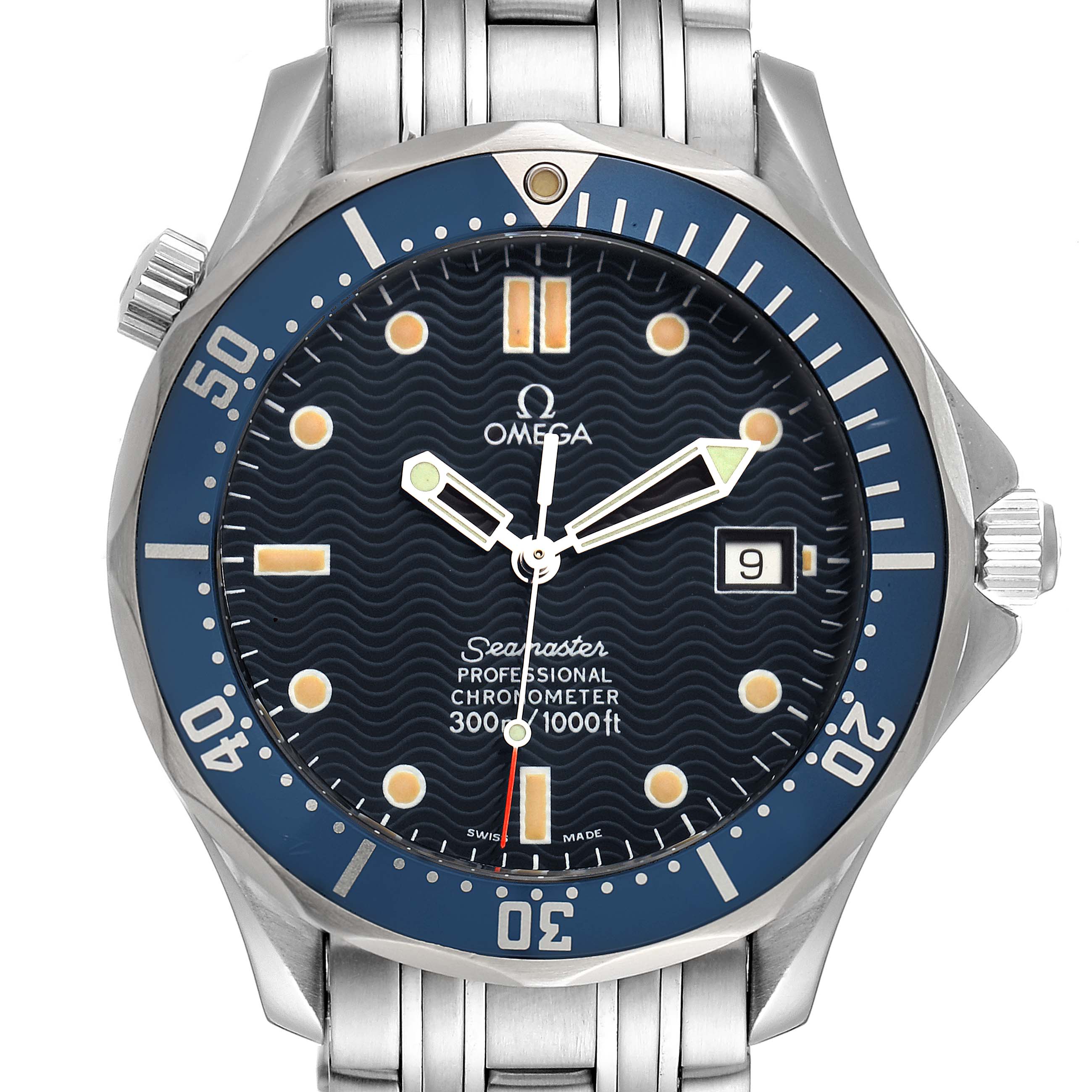 This Omega Seamaster 2531.80.00 Men's Stainless Steel Blue Dial 2531.80.00 Men's Stainless Steel Blue Dial watch is shown from the front, displaying the full face, bezel, and part of the bracelet.