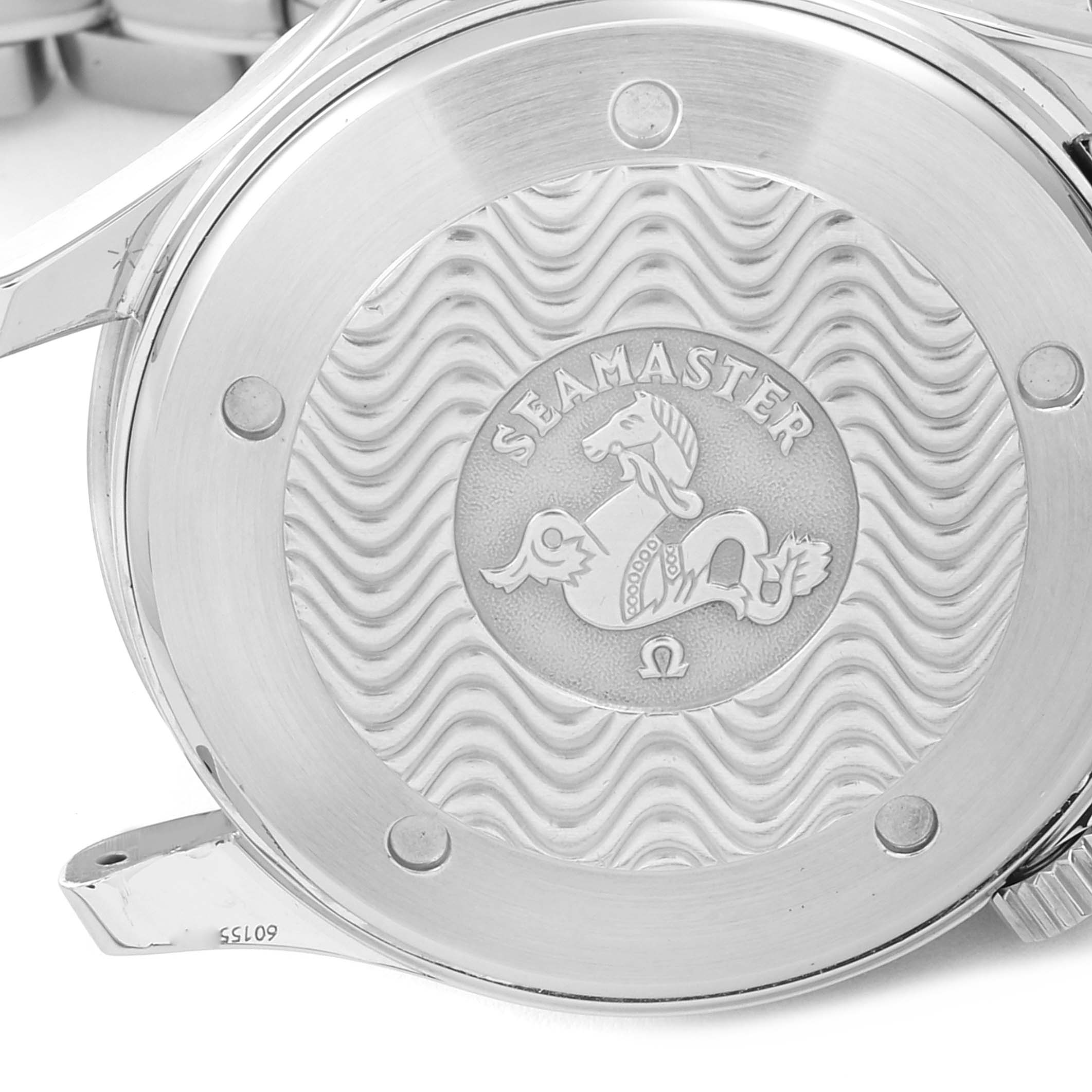 The image shows the case back of an Omega Seamaster 2531.80.00 Men's Stainless Steel Blue Dial 2531.80.00 Men's Stainless Steel Blue Dial watch, featuring an engraved emblem and model name.