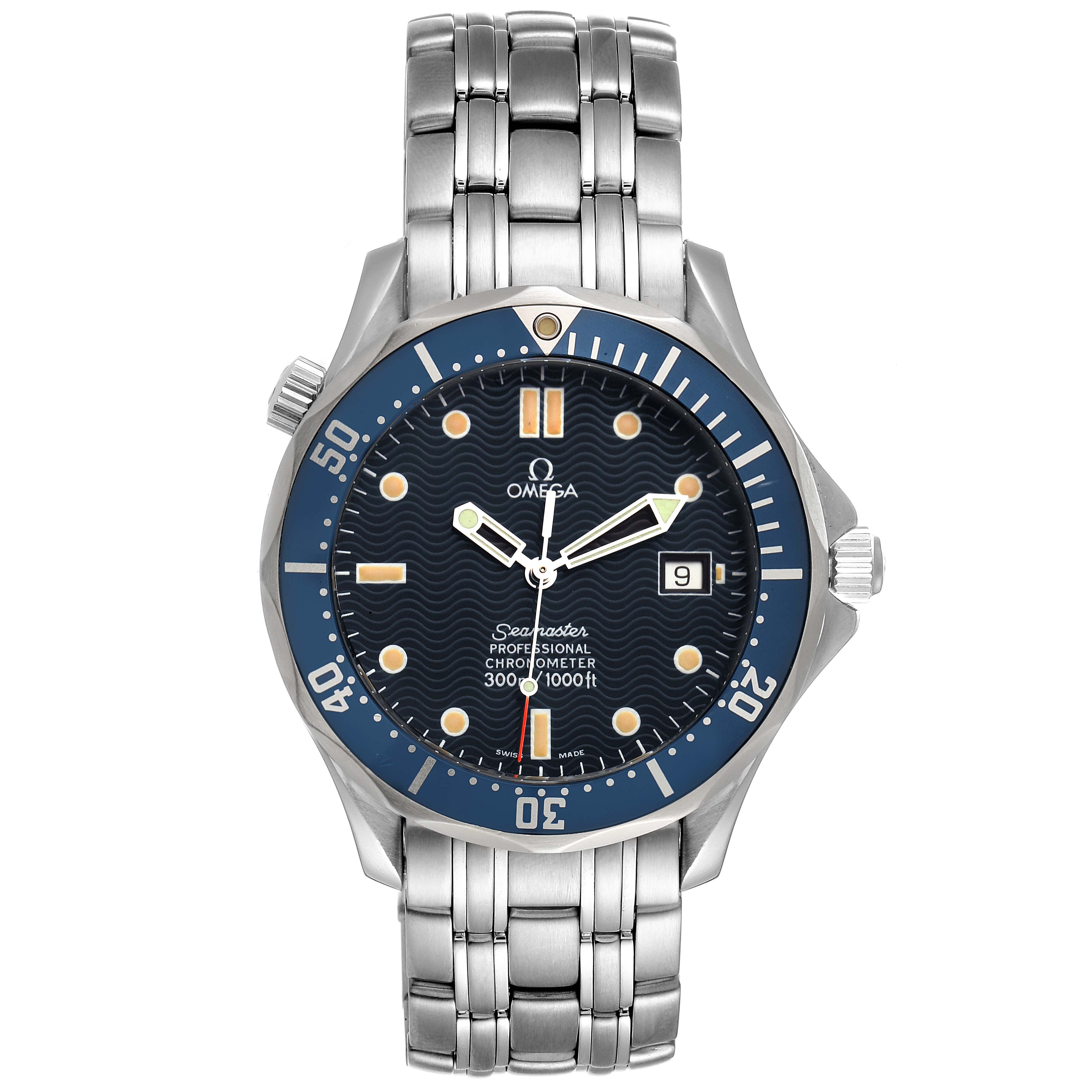 The image shows the front view of an Omega Seamaster 2531.80.00 Men's Stainless Steel Blue Dial 2531.80.00 Men's Stainless Steel Blue Dial watch, displaying the dial, hands, bezel, and stainless steel bracelet.