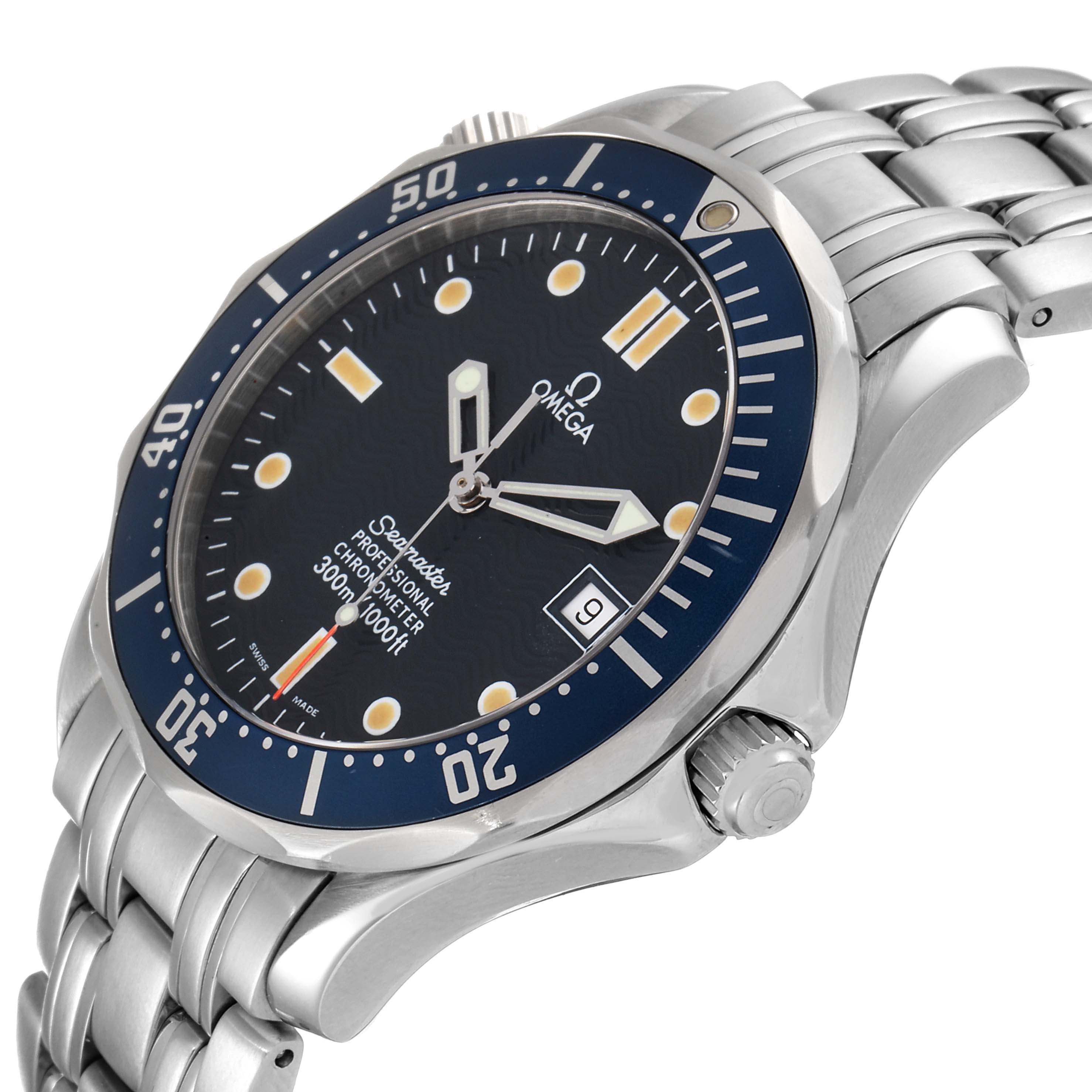 This image shows a side angle of the Omega Seamaster 2531.80.00 Men's Stainless Steel Blue Dial 2531.80.00 Men's Stainless Steel Blue Dial watch, highlighting the dial, bezel, crown, and part of the bracelet.