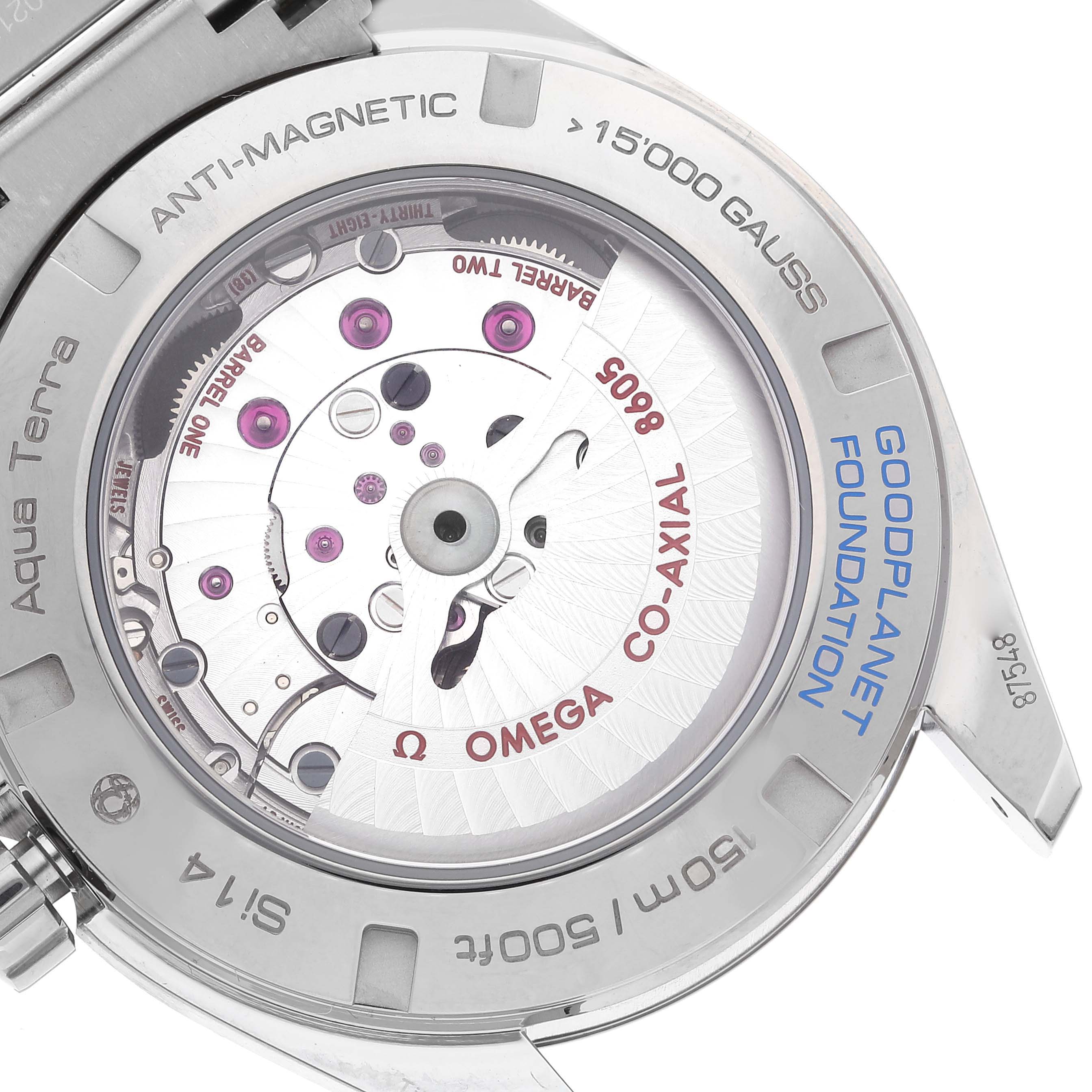 The image shows the back view of the Omega Aqua Terra 231.90.43.22.04.001 Men's Titanium White Dial 231.90.43.22.04.001 Men's Titanium White Dial watch, highlighting the movement and various engravings.