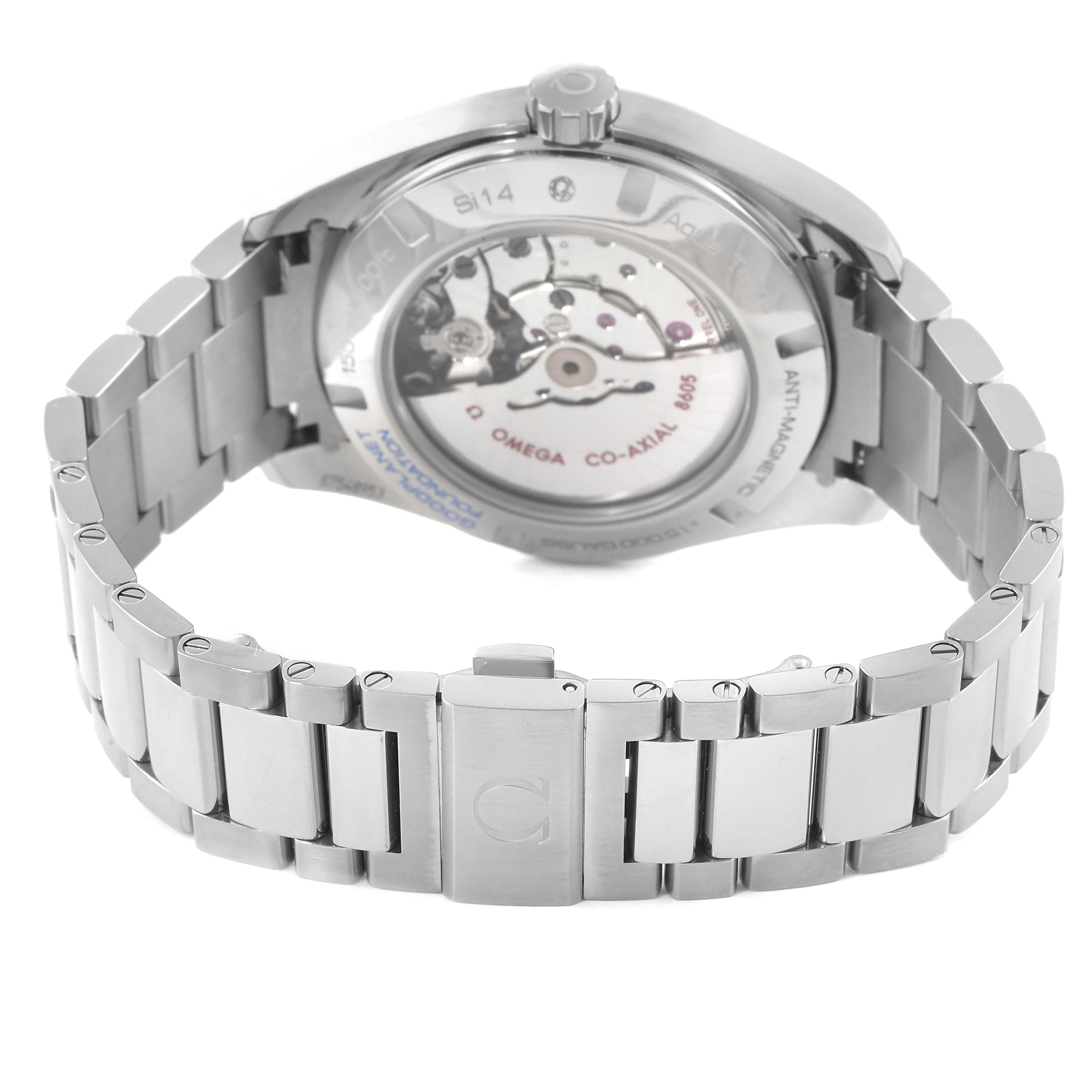 The image shows the back of an Omega Aqua Terra 231.90.43.22.04.001 Men's Titanium White Dial 231.90.43.22.04.001 Men's Titanium White Dial watch, highlighting the movement and the stainless steel bracelet.