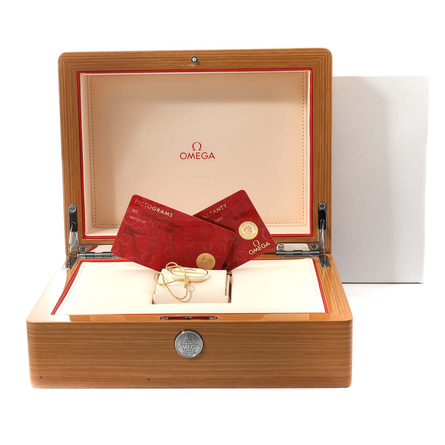 The image features an opened Omega Aqua Terra 231.90.43.22.04.001 Men's Titanium White Dial 231.90.43.22.04.001 Men's Titanium White Dial watch box, displaying warranty cards and a key.