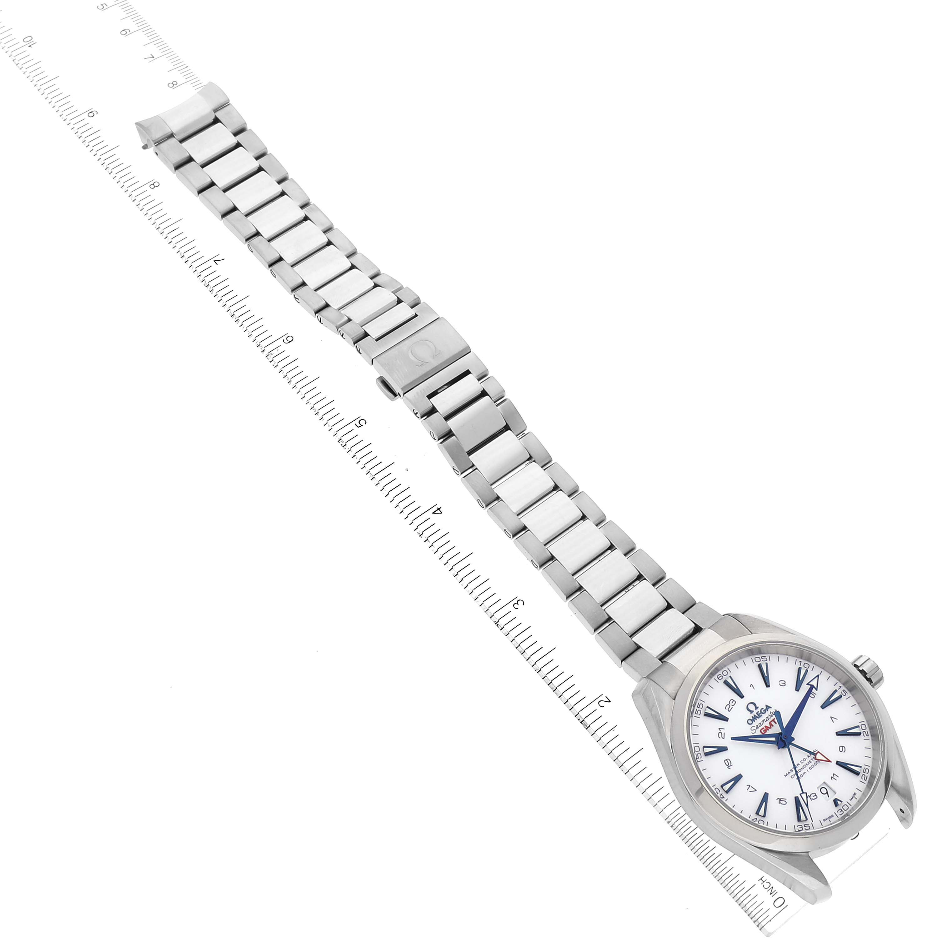 The Omega Aqua Terra 231.90.43.22.04.001 Men's Titanium White Dial 231.90.43.22.04.001 Men's Titanium White Dial watch is shown at an angle displaying both the face and bracelet, with a ruler beneath for scale.