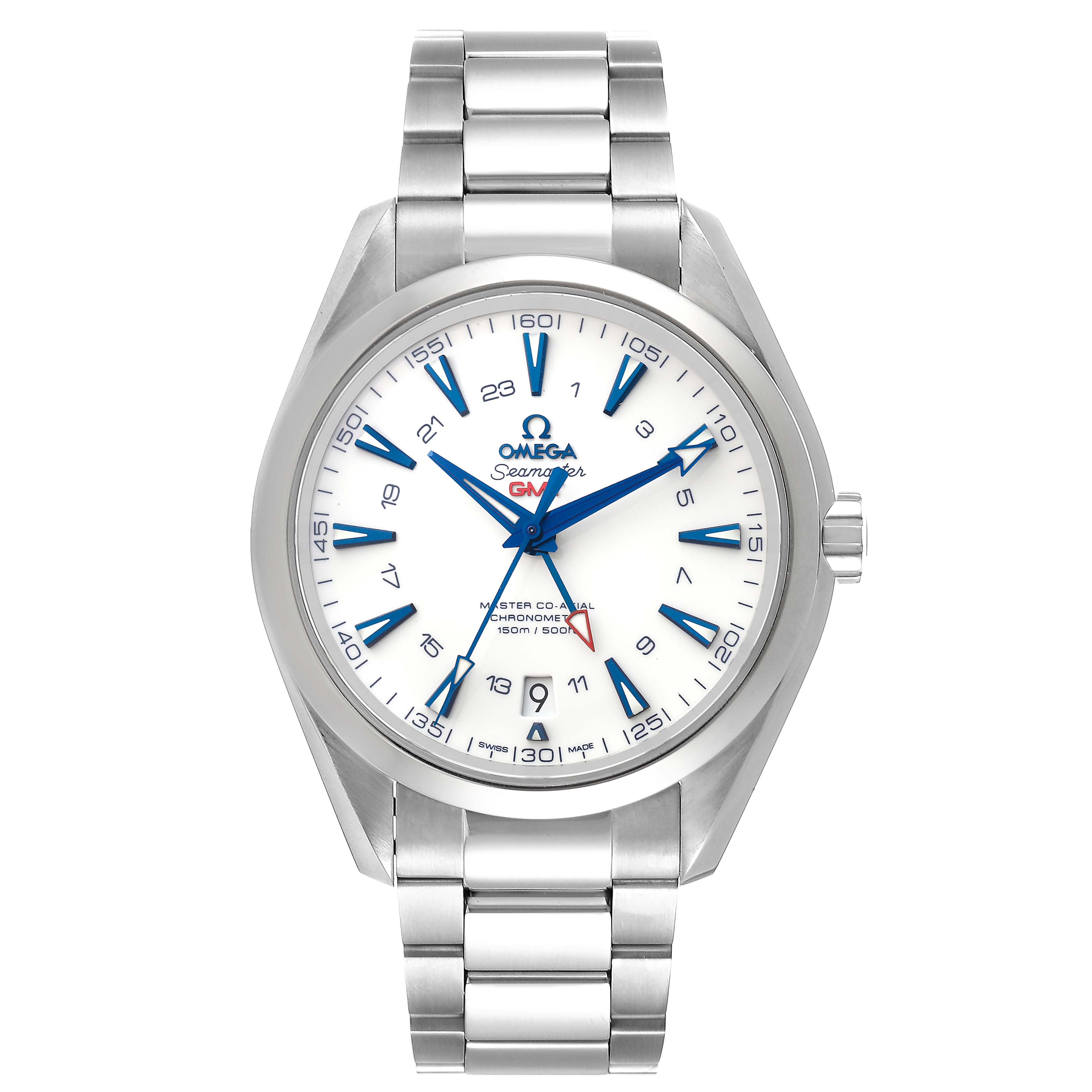 This image shows the front view of an Omega Aqua Terra 231.90.43.22.04.001 Men's Titanium White Dial 231.90.43.22.04.001 Men's Titanium White Dial watch, highlighting its dial, bezel, and bracelet.