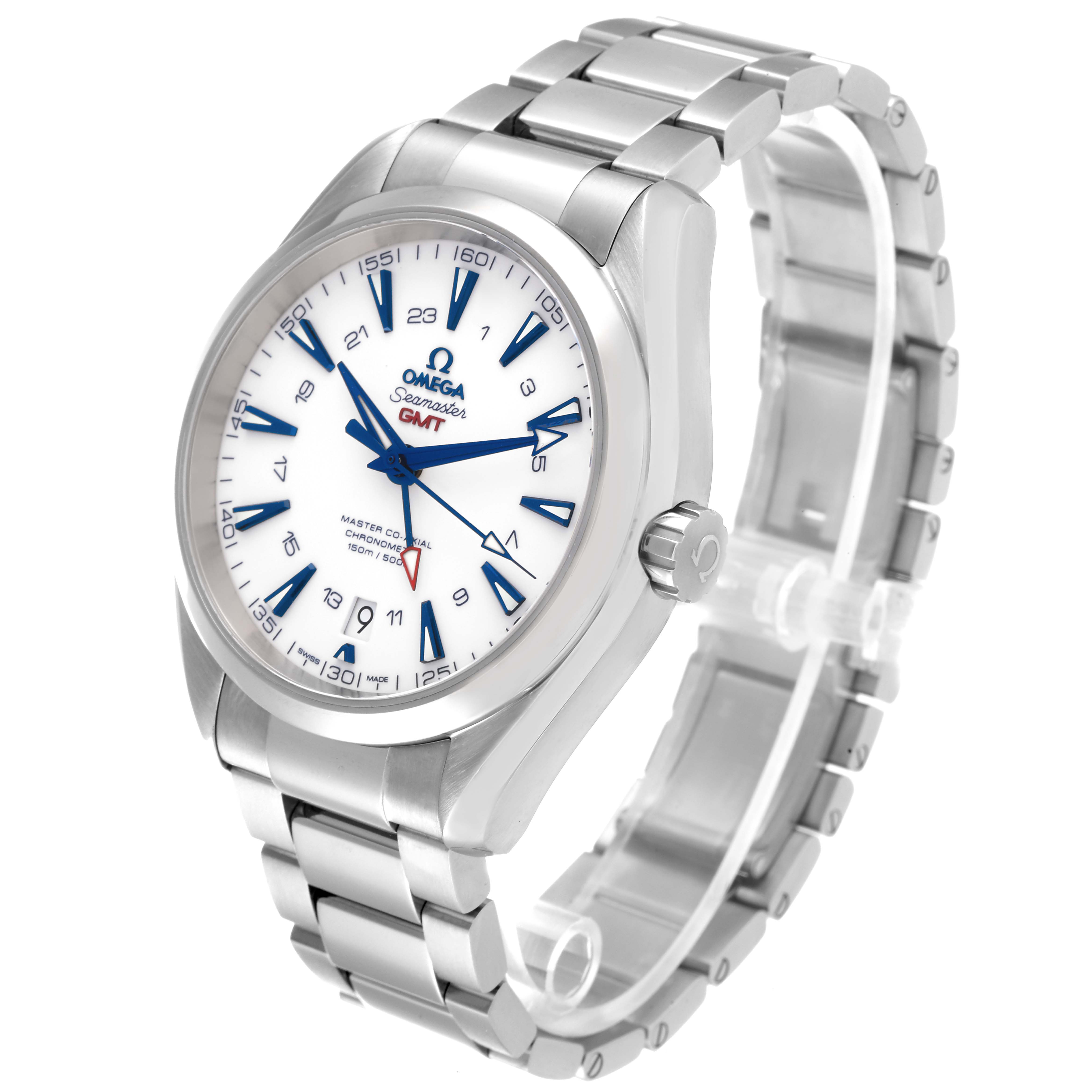 The image shows an Omega Aqua Terra 231.90.43.22.04.001 Men's Titanium White Dial 231.90.43.22.04.001 Men's Titanium White Dial watch displaying the face, bracelet, and crown at a slight angle.