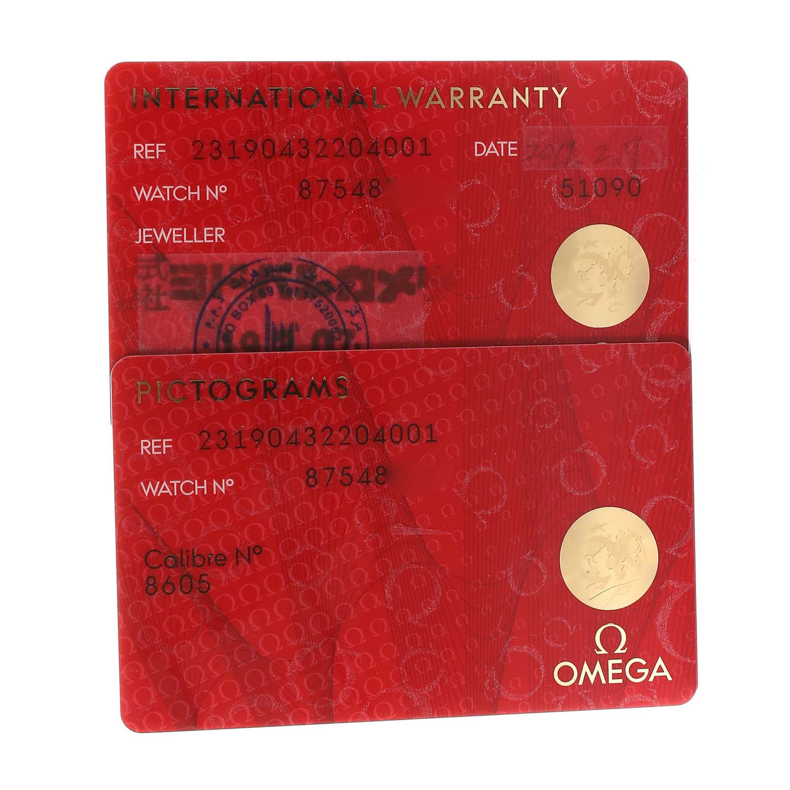 This image shows the international warranty and pictograms cards for an Omega Aqua Terra 231.90.43.22.04.001 Men's Titanium White Dial 231.90.43.22.04.001 Men's Titanium White Dial watch.