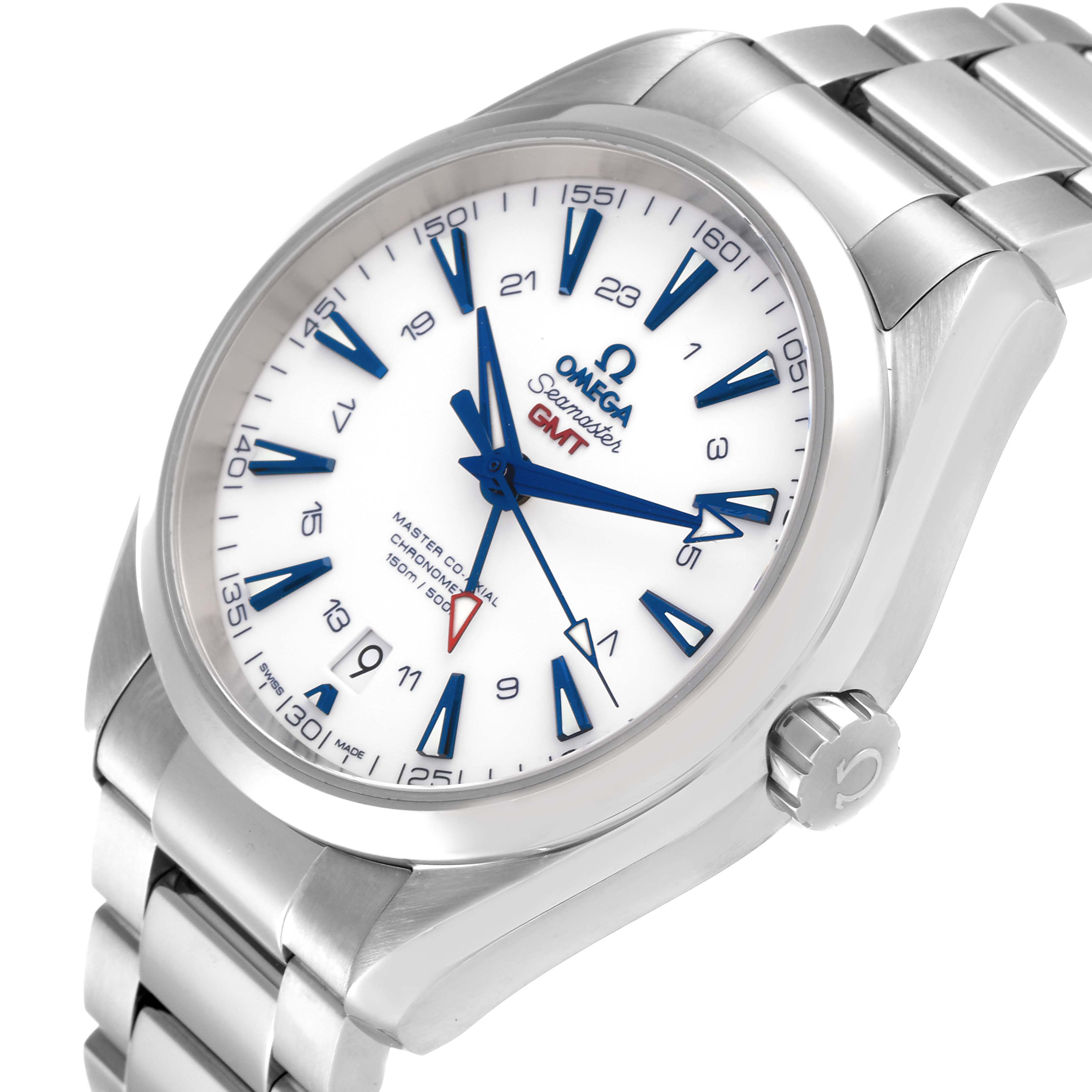 This image shows an angled view of the Omega Aqua Terra 231.90.43.22.04.001 Men's Titanium White Dial 231.90.43.22.04.001 Men's Titanium White Dial watch, highlighting its face, bezel, crown, and metal bracelet.