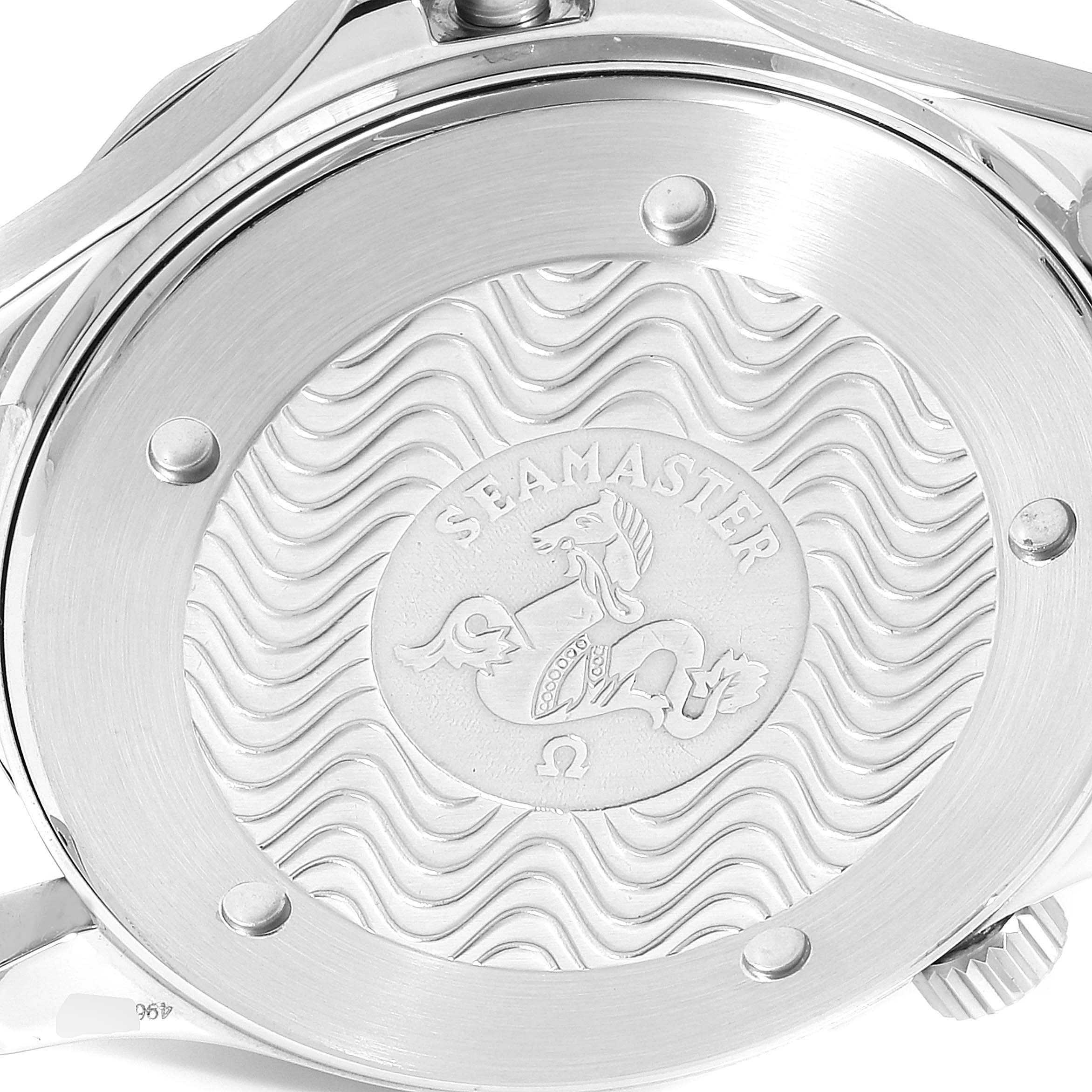 This image shows the back case of an Omega Seamaster 2532.80.00 Men's Stainless Steel Blue Dial 2532.80.00 Men's Stainless Steel Blue Dial watch, highlighting the engraved Seamaster logo and wavy design.