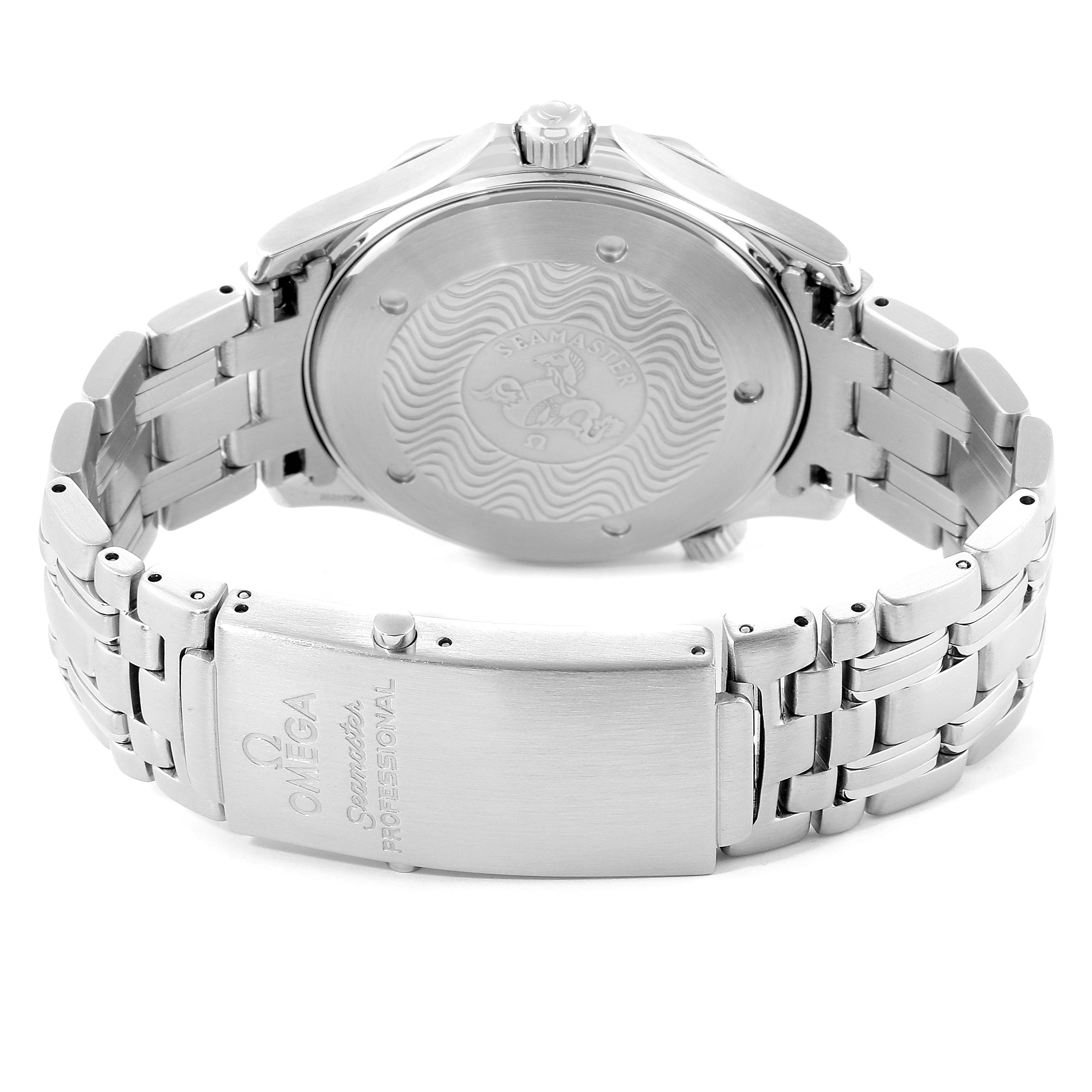 The image shows the back case and bracelet of the Omega Seamaster 2532.80.00 Men's Stainless Steel Blue Dial 2532.80.00 Men's Stainless Steel Blue Dial watch with the clasp and logo visible.