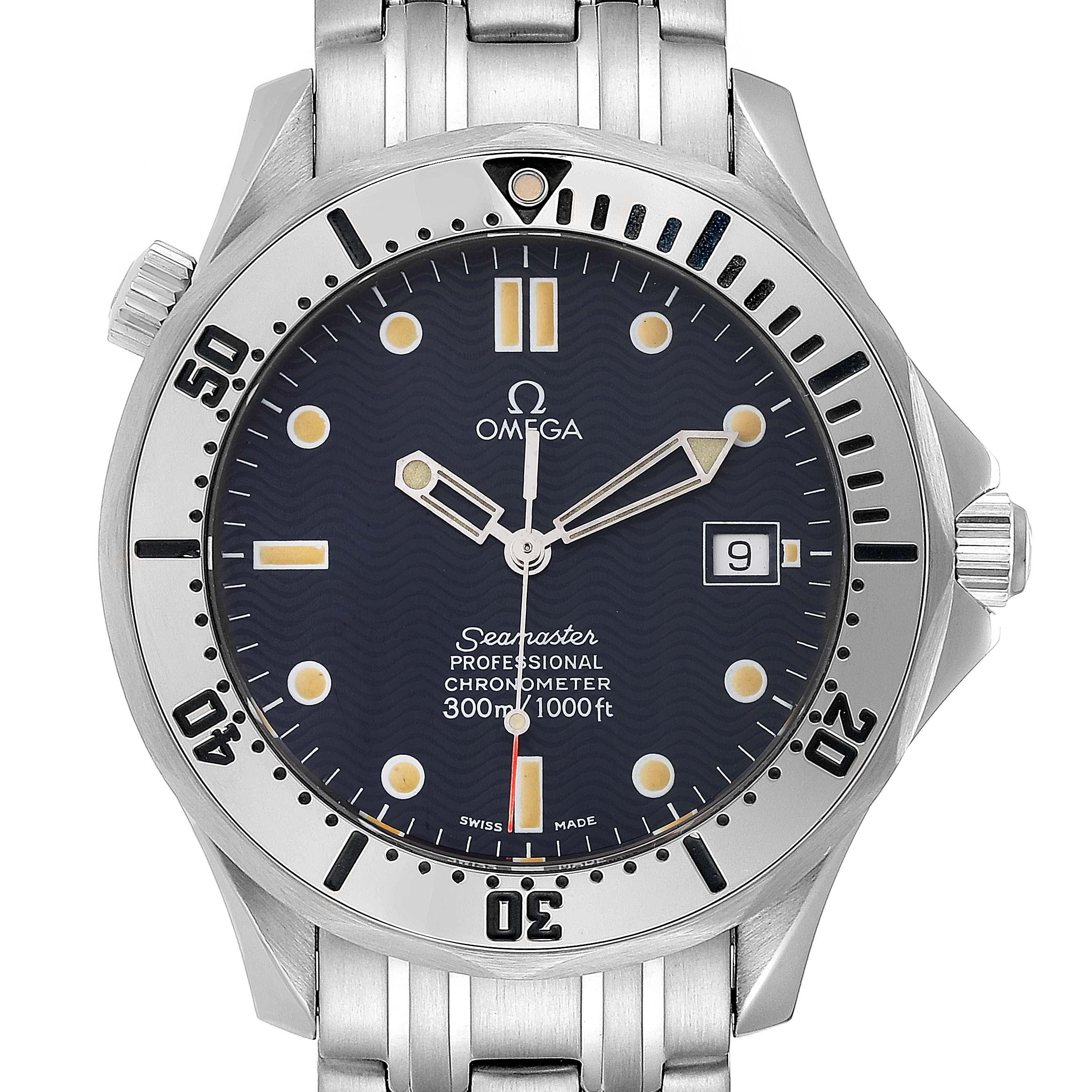 The image shows a front view of the Omega Seamaster 2532.80.00 Men's Stainless Steel Blue Dial 2532.80.00 Men's Stainless Steel Blue Dial watch, highlighting the dial, hands, markers, bezel, crown, and metal bracelet.