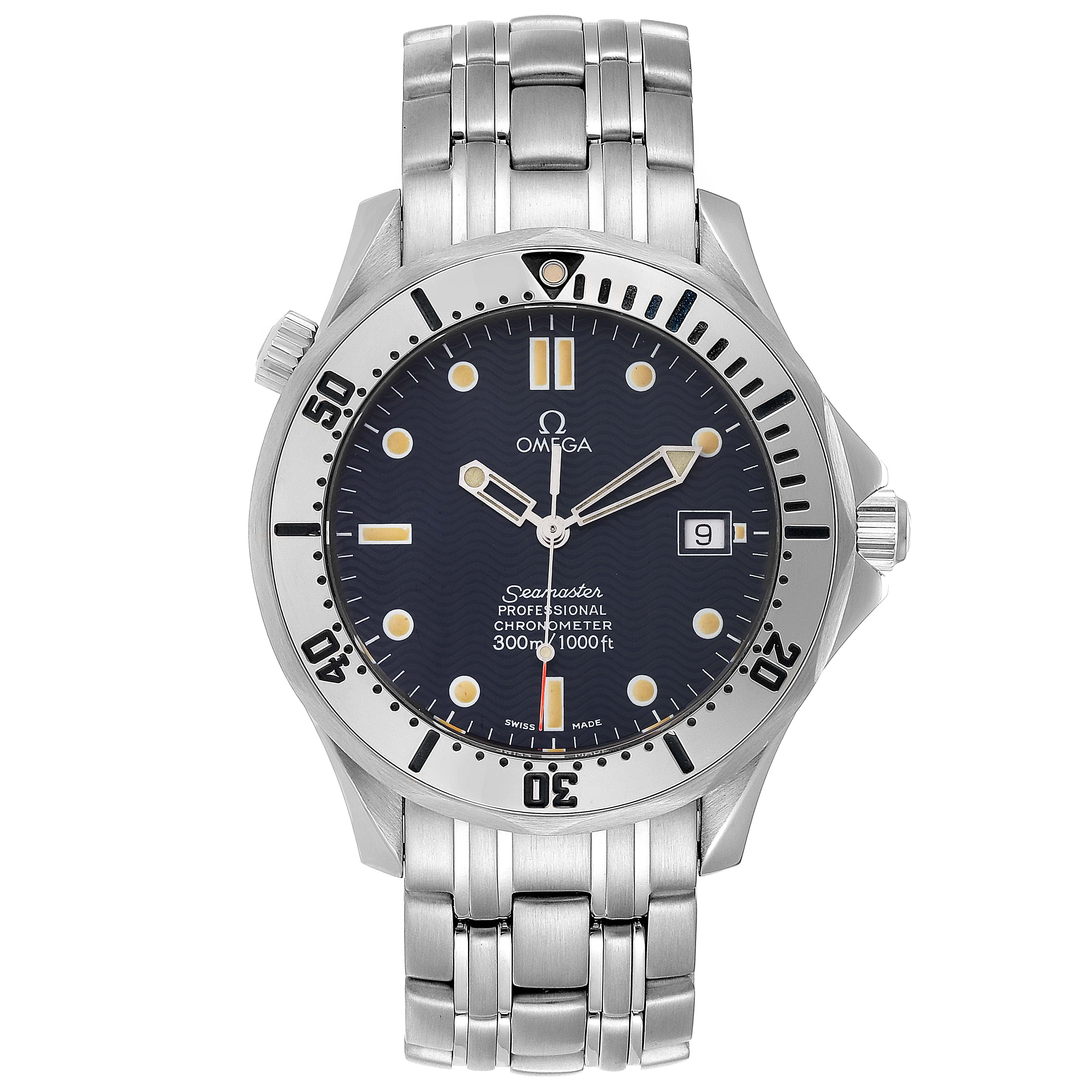 The Omega Seamaster 2532.80.00 Men's Stainless Steel Blue Dial 2532.80.00 Men's Stainless Steel Blue Dial watch is shown from the front, highlighting its dial, bezel, bracelet, and date window.