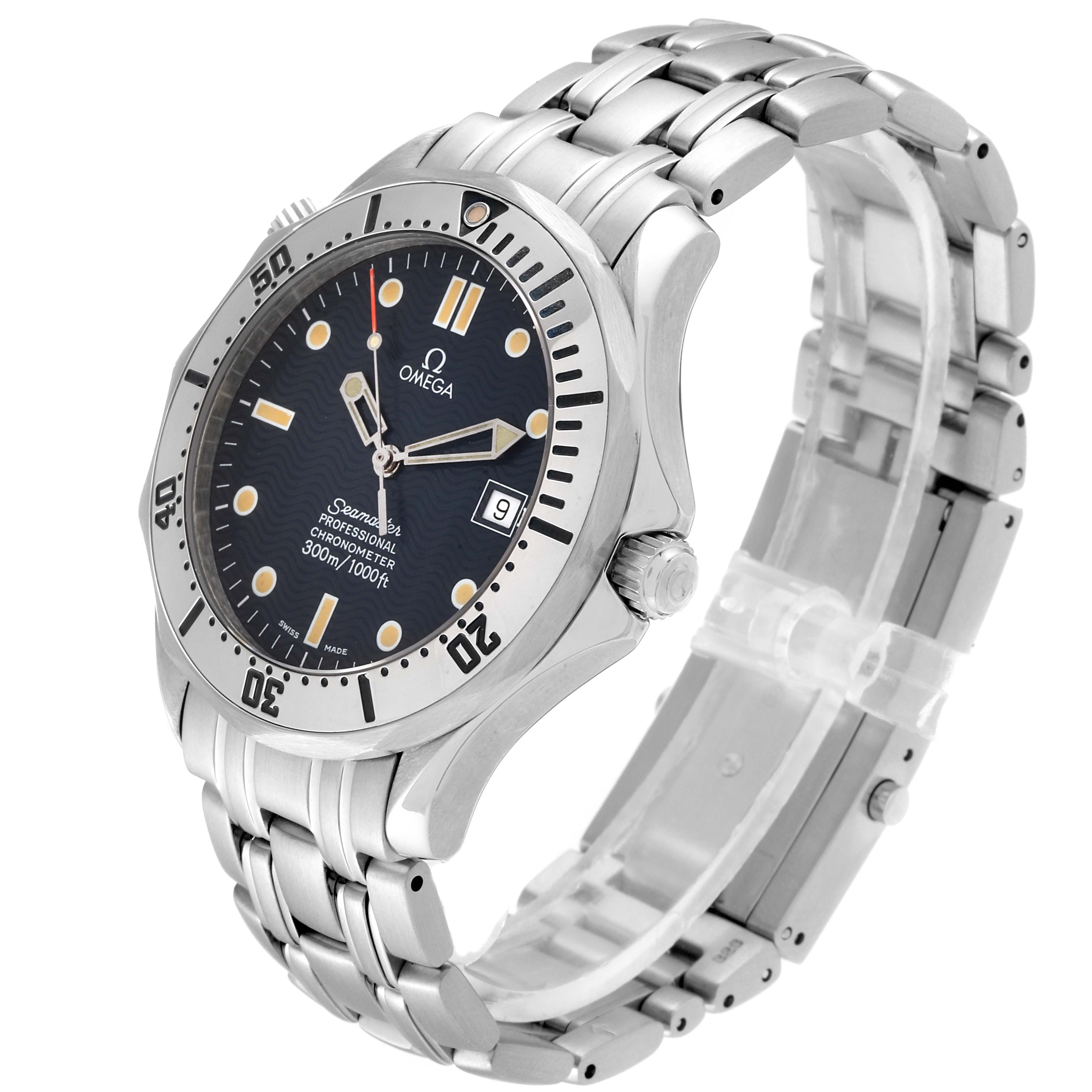 The Omega Seamaster 2532.80.00 Men's Stainless Steel Blue Dial 2532.80.00 Men's Stainless Steel Blue Dial watch is shown at a three-quarter angle, highlighting its face, bezel, crown, and stainless steel bracelet.