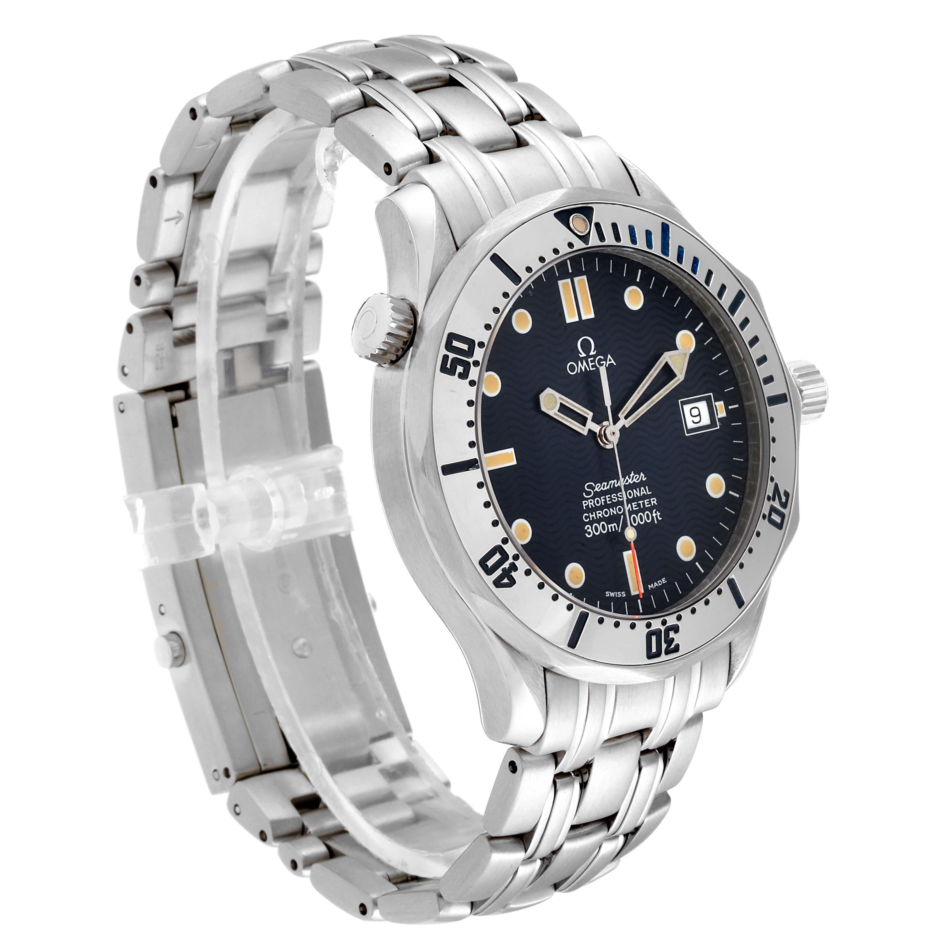 This Omega Seamaster 2532.80.00 Men's Stainless Steel Blue Dial 2532.80.00 Men's Stainless Steel Blue Dial watch is shown at a three-quarter angle, highlighting the dial, bezel, crown, and metal bracelet.