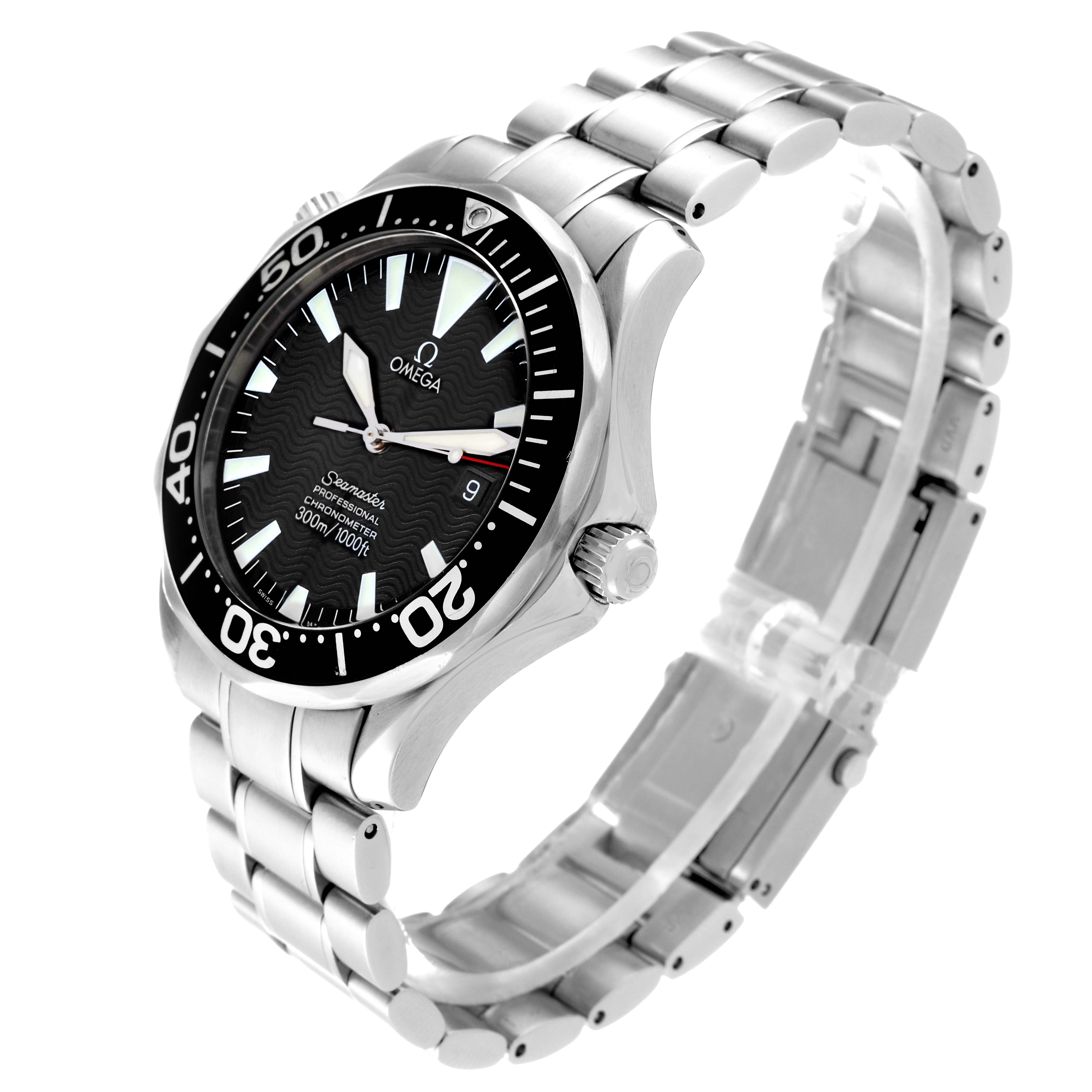 The image shows an angled view of the Omega Seamaster 2254.50.00 Men
s Stainless Steel Black Dial 2254.50.00 Men
s Stainless Steel Black Dial watch, highlighting its dial, bezel, crown, and stainless steel bracelet.