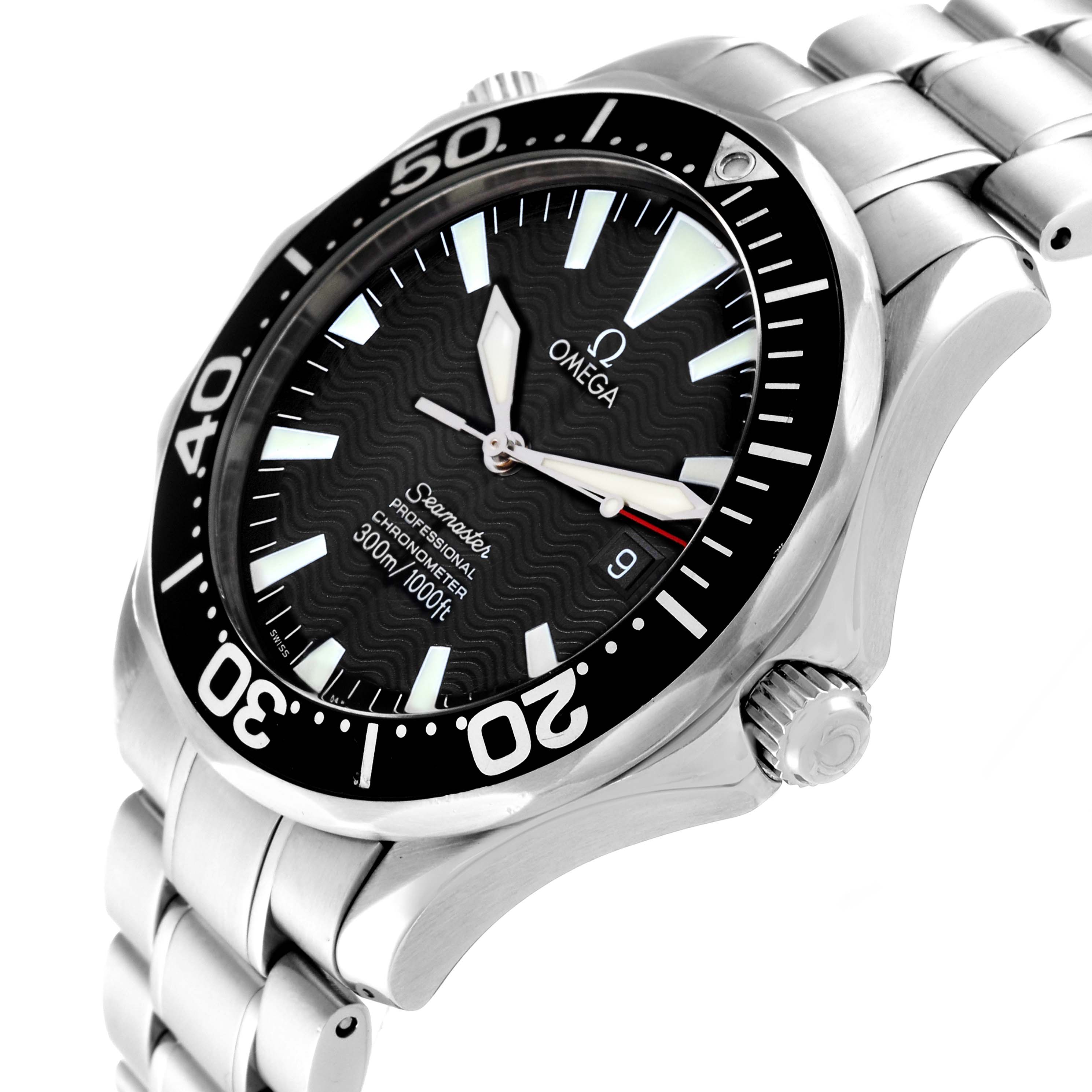 The image shows an Omega Seamaster 2254.50.00 Men
s Stainless Steel Black Dial 2254.50.00 Men
s Stainless Steel Black Dial watch at an angle highlighting the dial, bezel, crown, and part of the bracelet.
