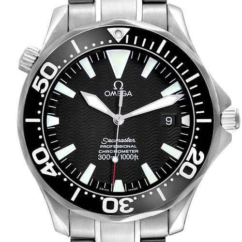 The Omega Seamaster watch is shown from a front angle, displaying its face, bezel, crown, and bracelet.