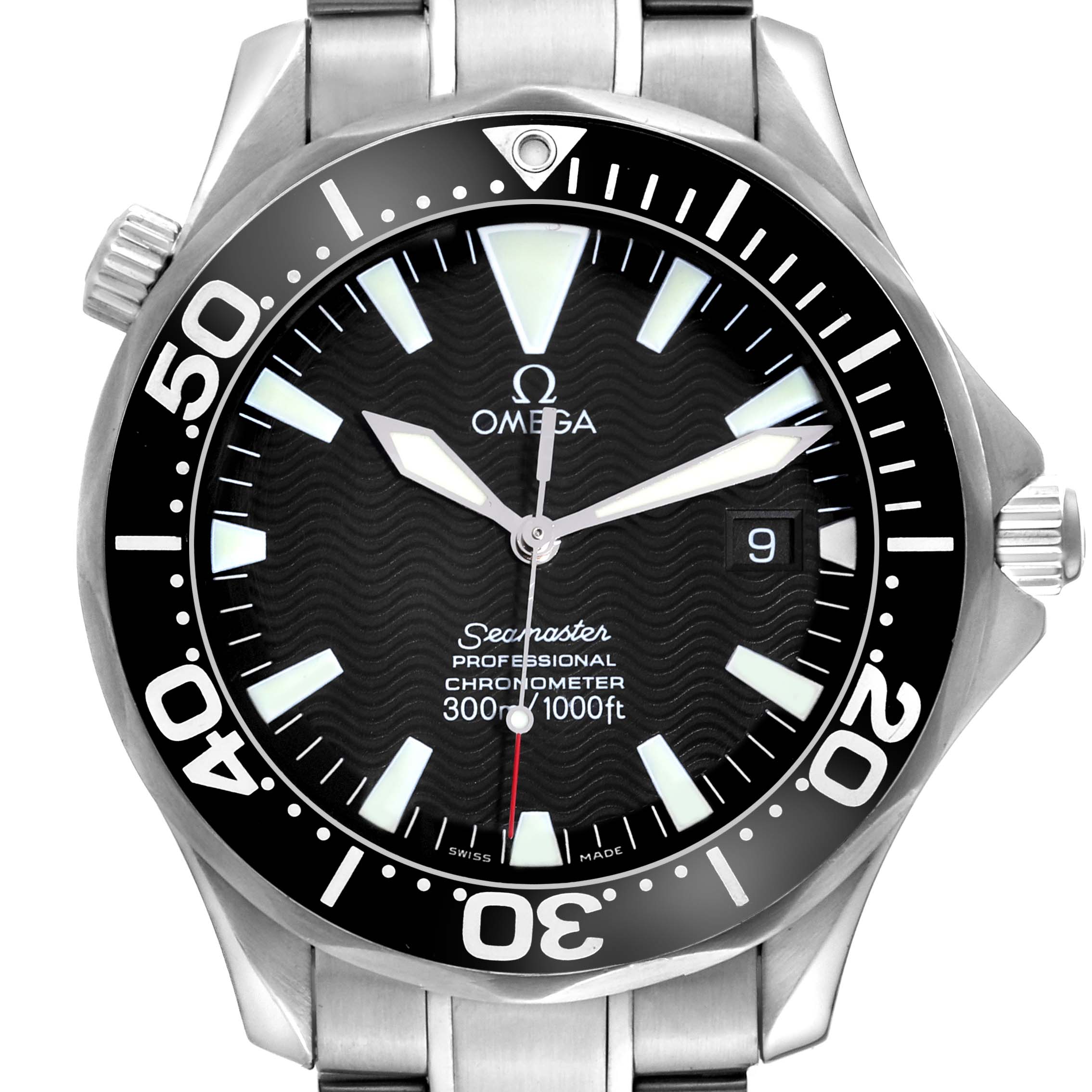 The image shows a frontal view of an Omega Seamaster 2254.50.00 Men
s Stainless Steel Black Dial 2254.50.00 Men
s Stainless Steel Black Dial watch, including the dial, bezel, hands, date window, and part of the bracelet.