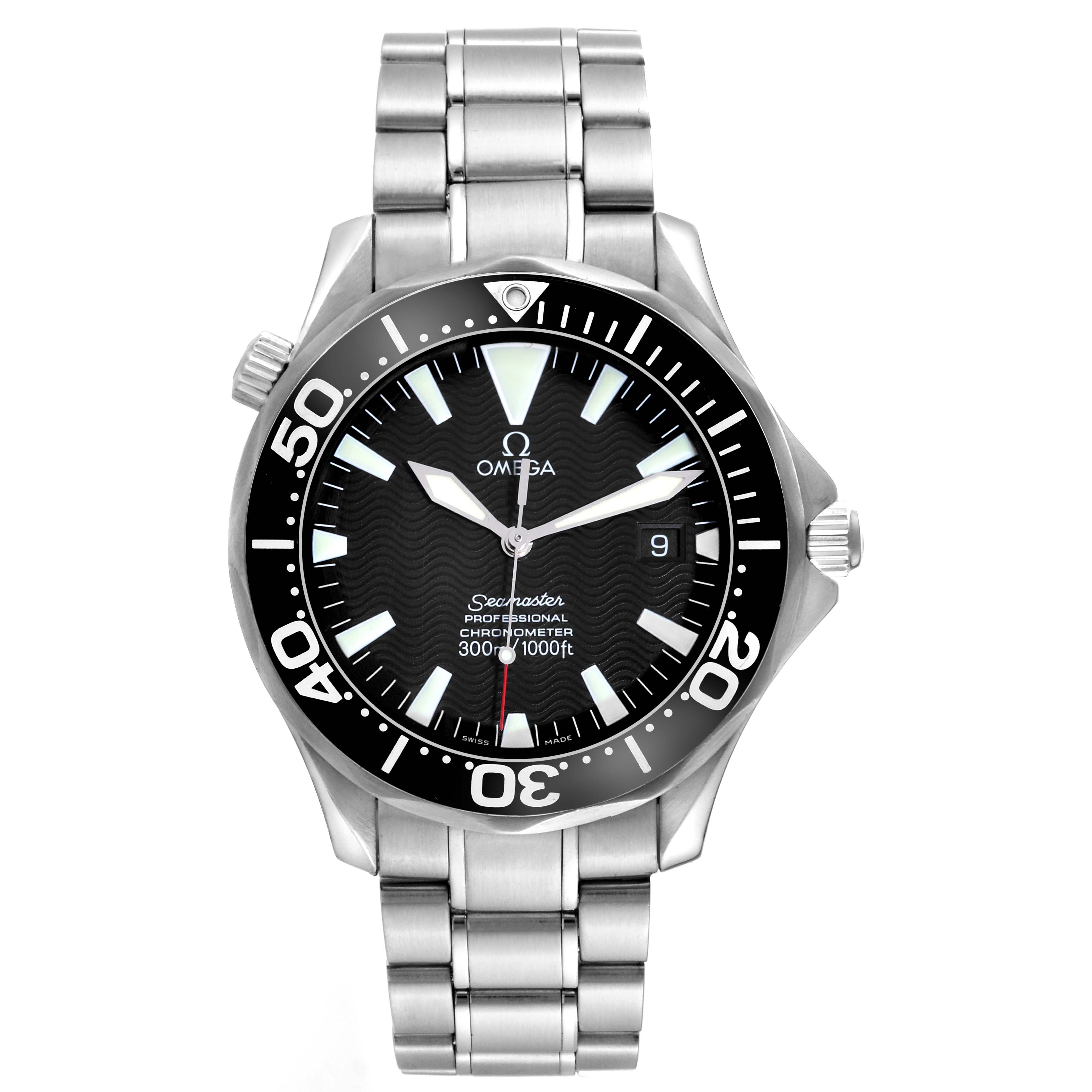The image shows a front view of the Omega Seamaster 2254.50.00 Men
s Stainless Steel Black Dial 2254.50.00 Men
s Stainless Steel Black Dial watch, highlighting the dial, bezel, and stainless steel bracelet.