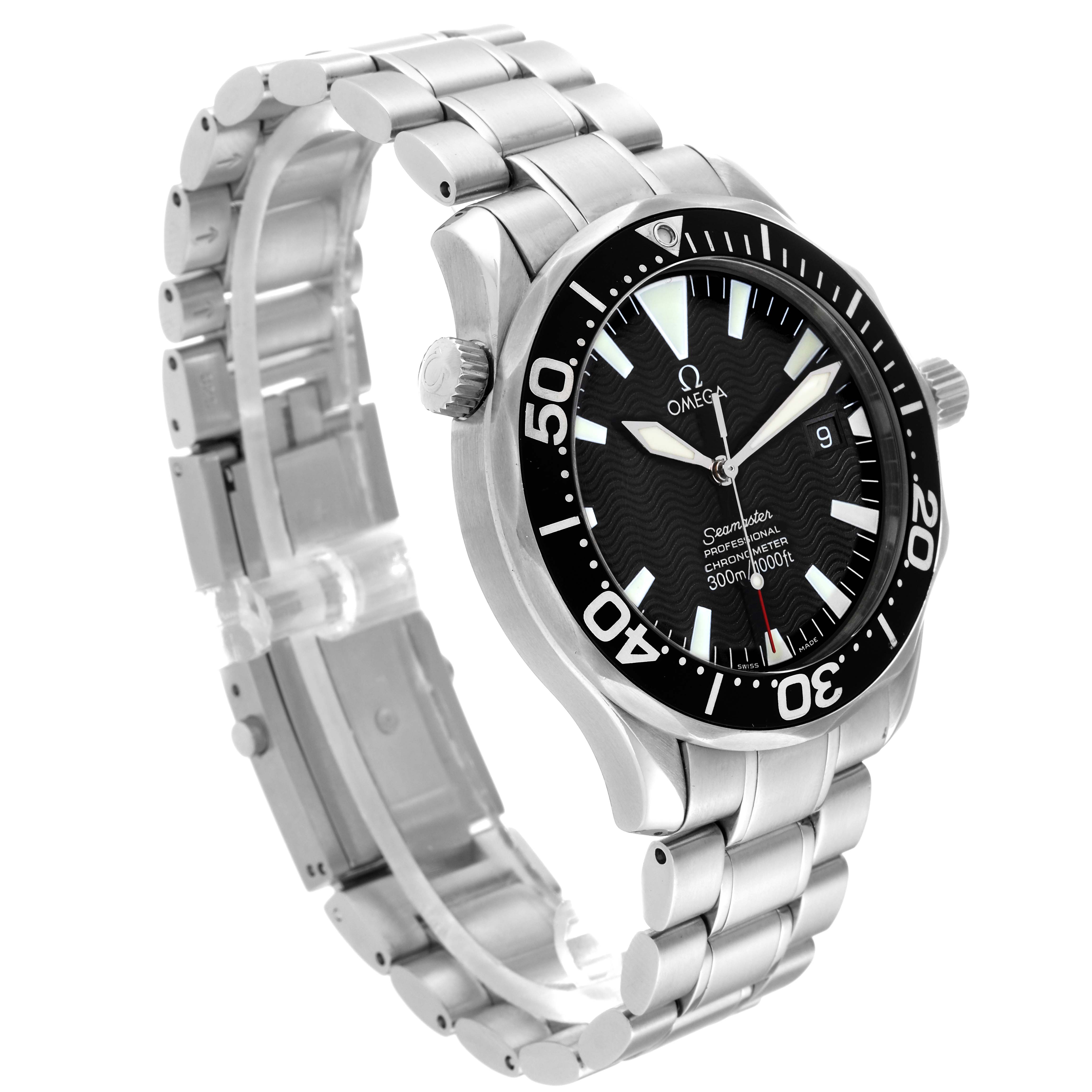 The image shows an angled side view of the Omega Seamaster 2254.50.00 Men
s Stainless Steel Black Dial 2254.50.00 Men
s Stainless Steel Black Dial watch, highlighting the face, bezel, crown, and stainless steel bracelet.
