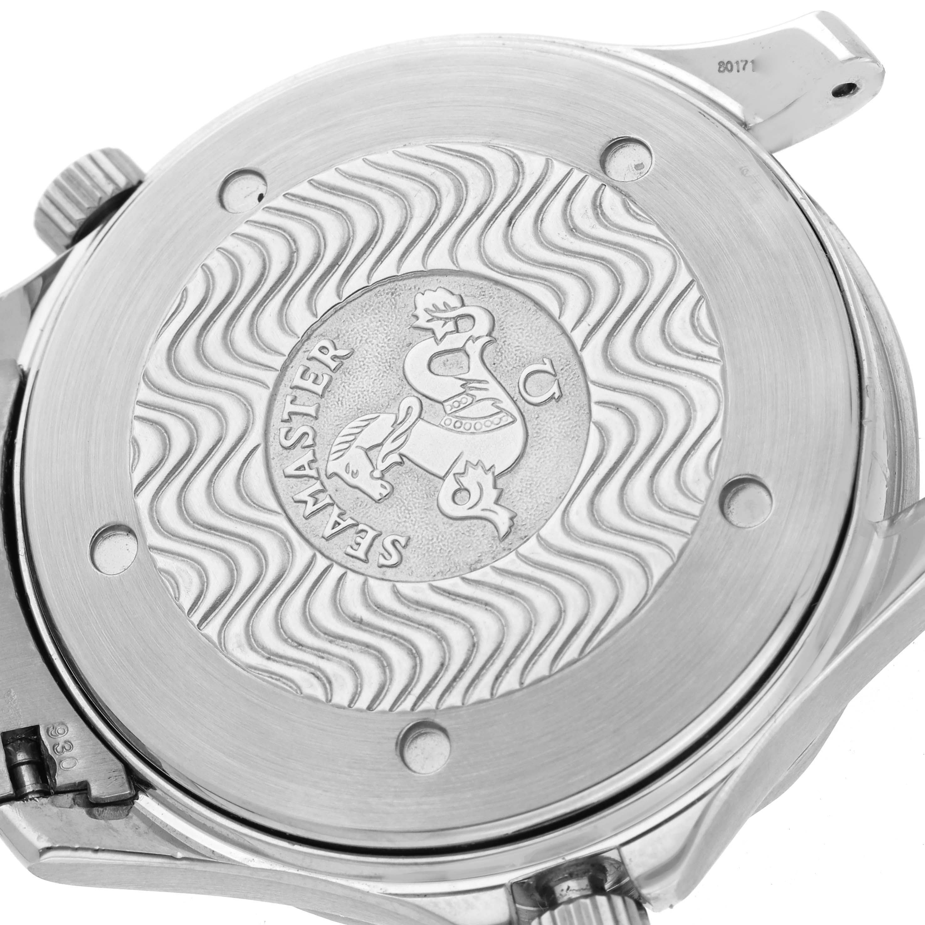 The image shows the back casing of the Omega Seamaster 2254.50.00 Men
s Stainless Steel Black Dial 2254.50.00 Men
s Stainless Steel Black Dial watch, featuring engraved wave patterns and the Seamaster logo.