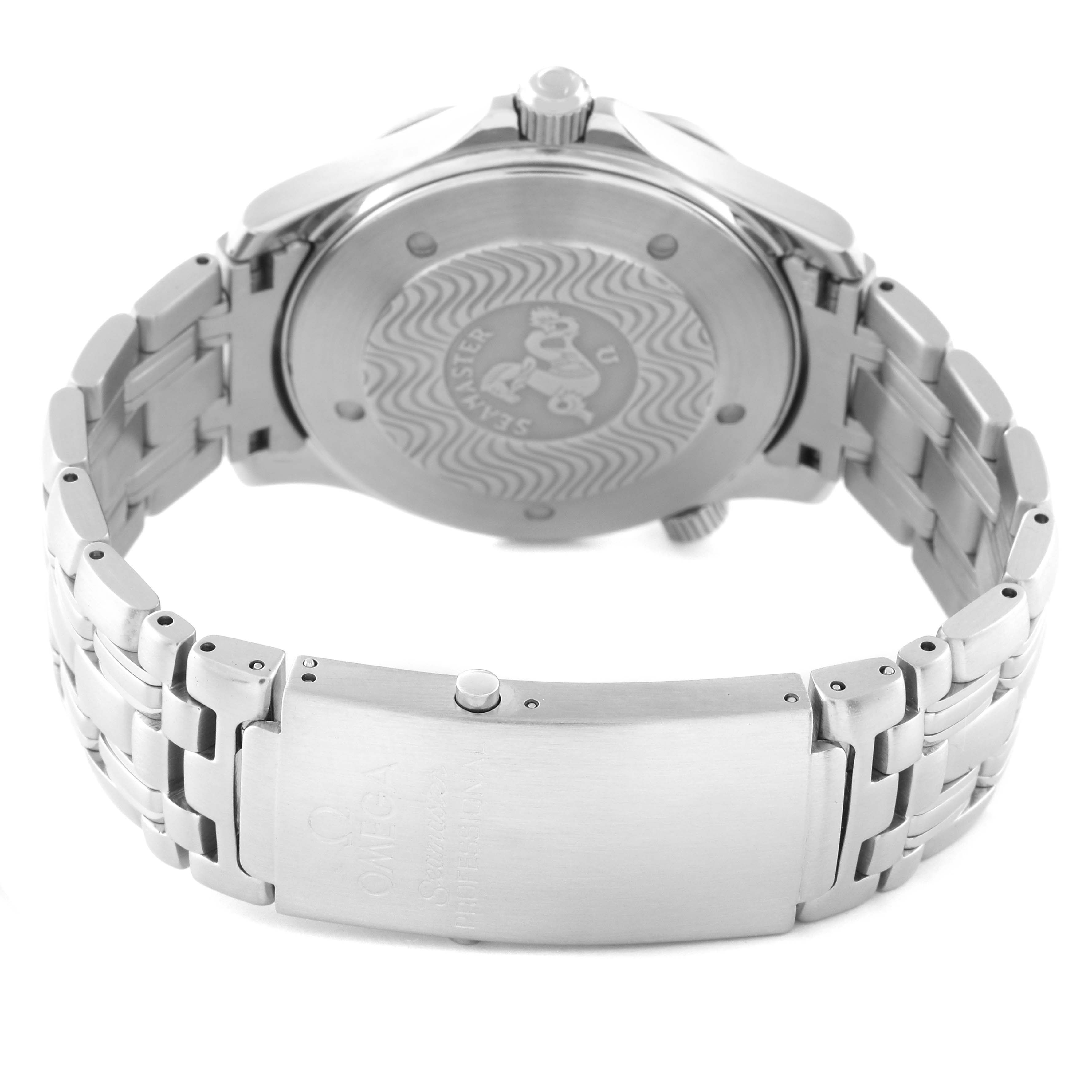 The image shows the back case, crown, and stainless steel bracelet of an Omega Seamaster 2531.80.00 Men
s Stainless Steel Blue Dial 2531.80.00 Men
s Stainless Steel Blue Dial watch.