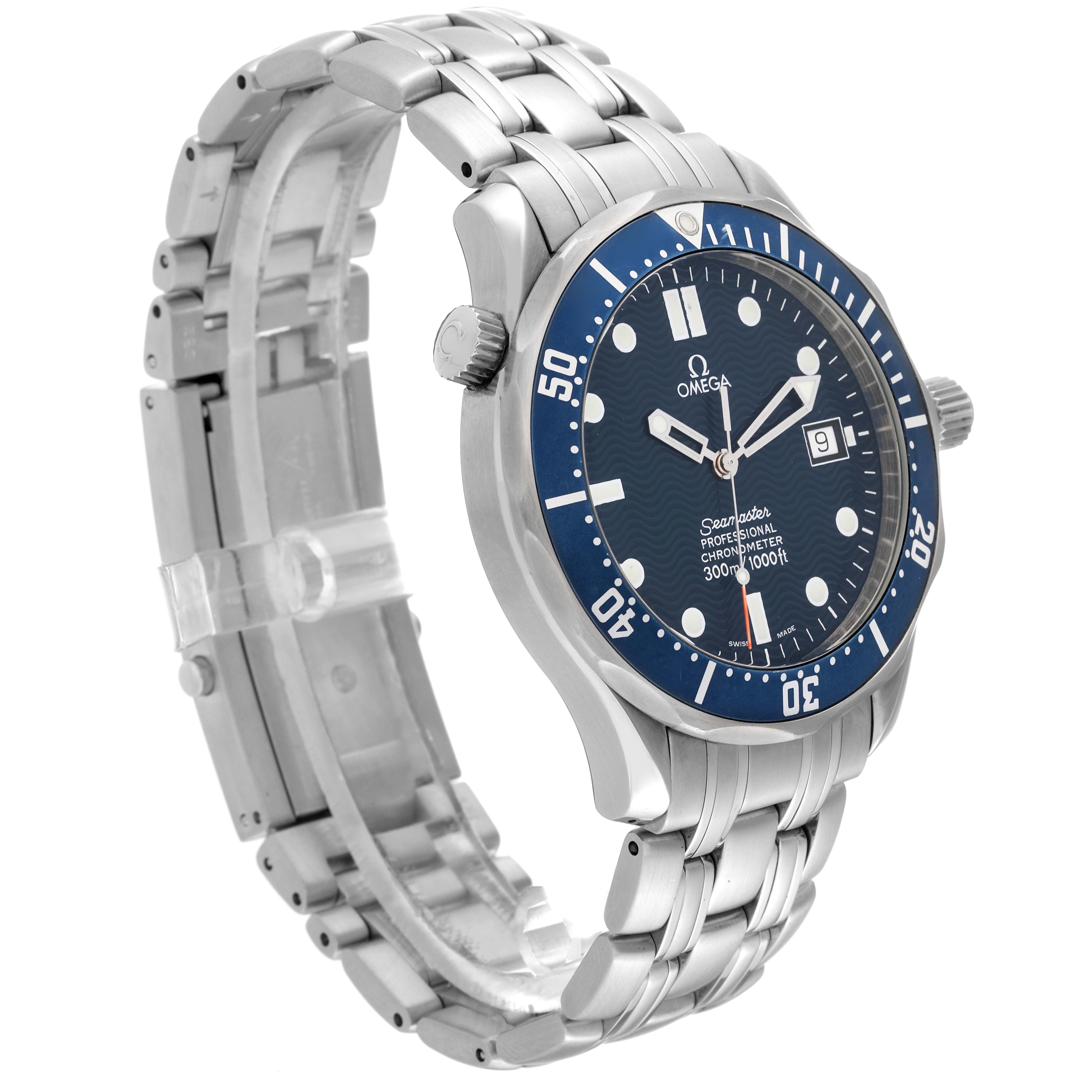 The image shows a side angle of the Omega Seamaster 2531.80.00 Men
s Stainless Steel Blue Dial 2531.80.00 Men
s Stainless Steel Blue Dial watch, highlighting the stainless steel bracelet, blue bezel, and face with a date display.