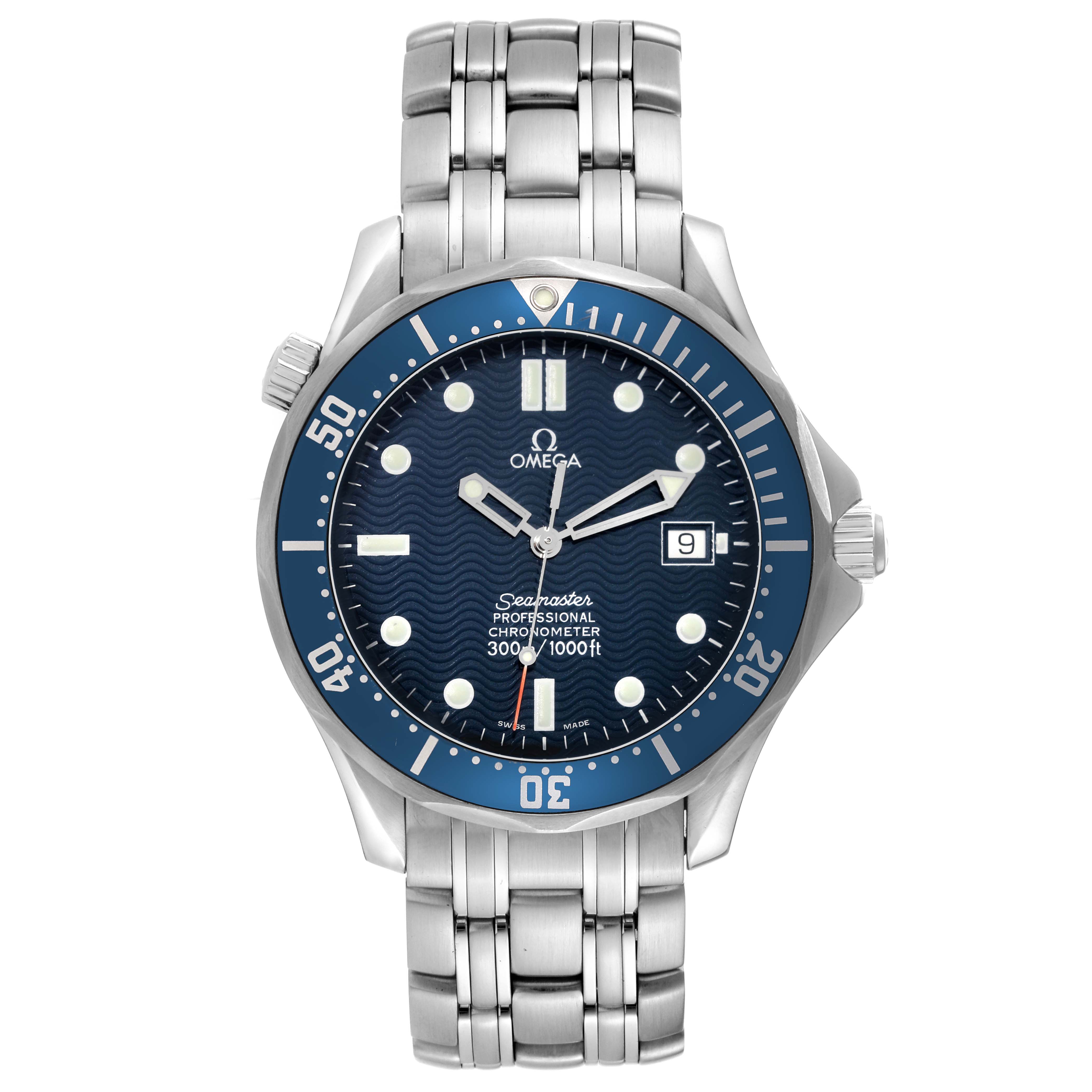 The image shows a front view of the Omega Seamaster 2531.80.00 Men
s Stainless Steel Blue Dial 2531.80.00 Men
s Stainless Steel Blue Dial watch, featuring its blue dial, bezel, and metal bracelet.