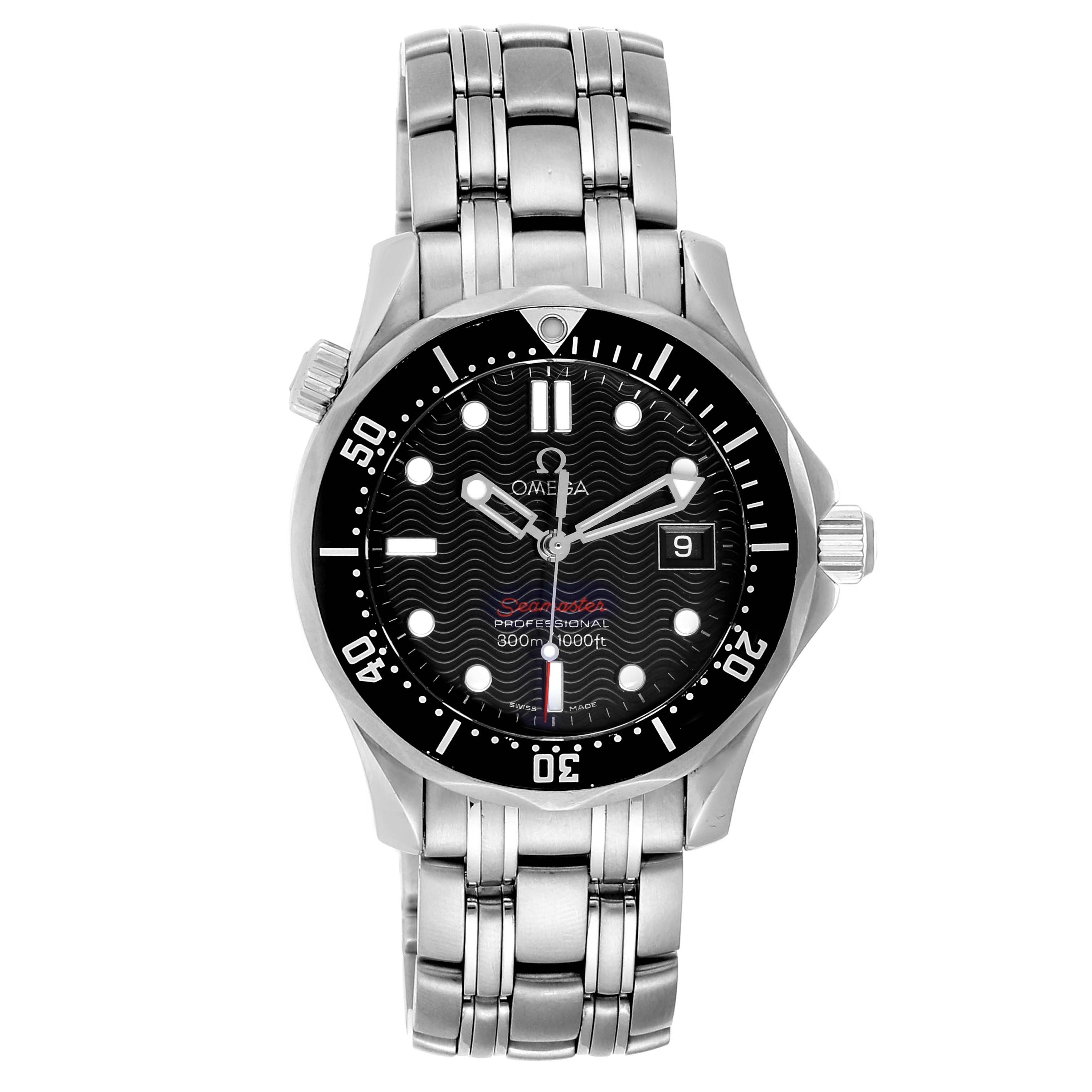 This image shows a front view of the Omega Seamaster 212.30.36.61.01.001 Men's Stainless Steel Black Dial 212.30.36.61.01.001 Men's Stainless Steel Black Dial watch, displaying its face, bezel, and stainless steel bracelet.