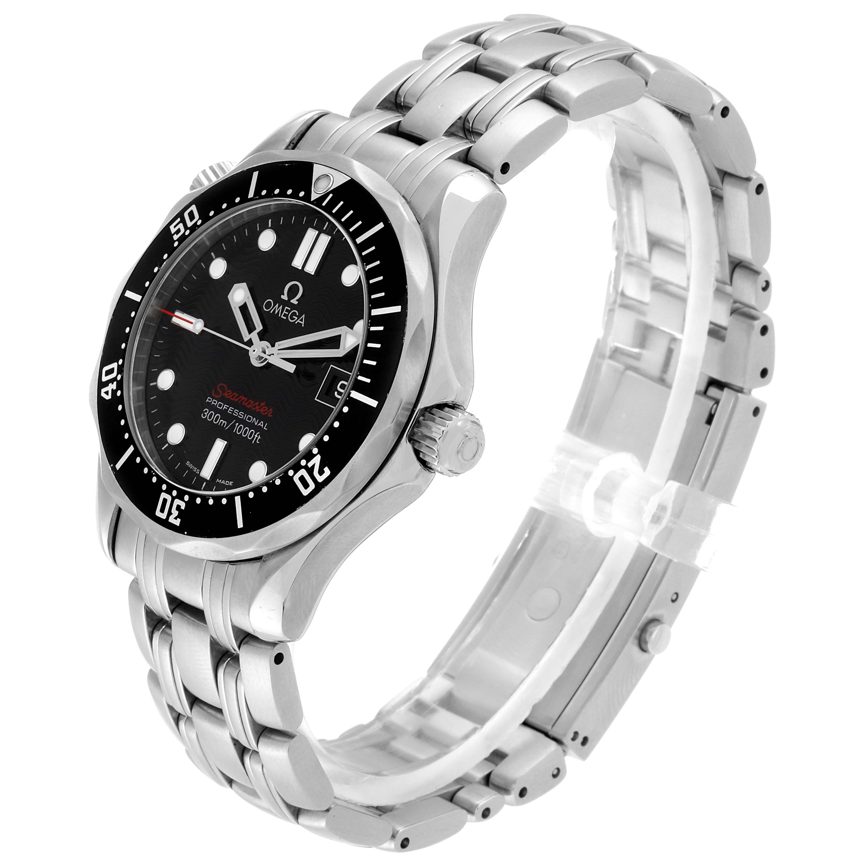 The Omega Seamaster 212.30.36.61.01.001 Men's Stainless Steel Black Dial 212.30.36.61.01.001 Men's Stainless Steel Black Dial watch is shown at a side angle, displaying the face, bezel, and stainless steel bracelet.