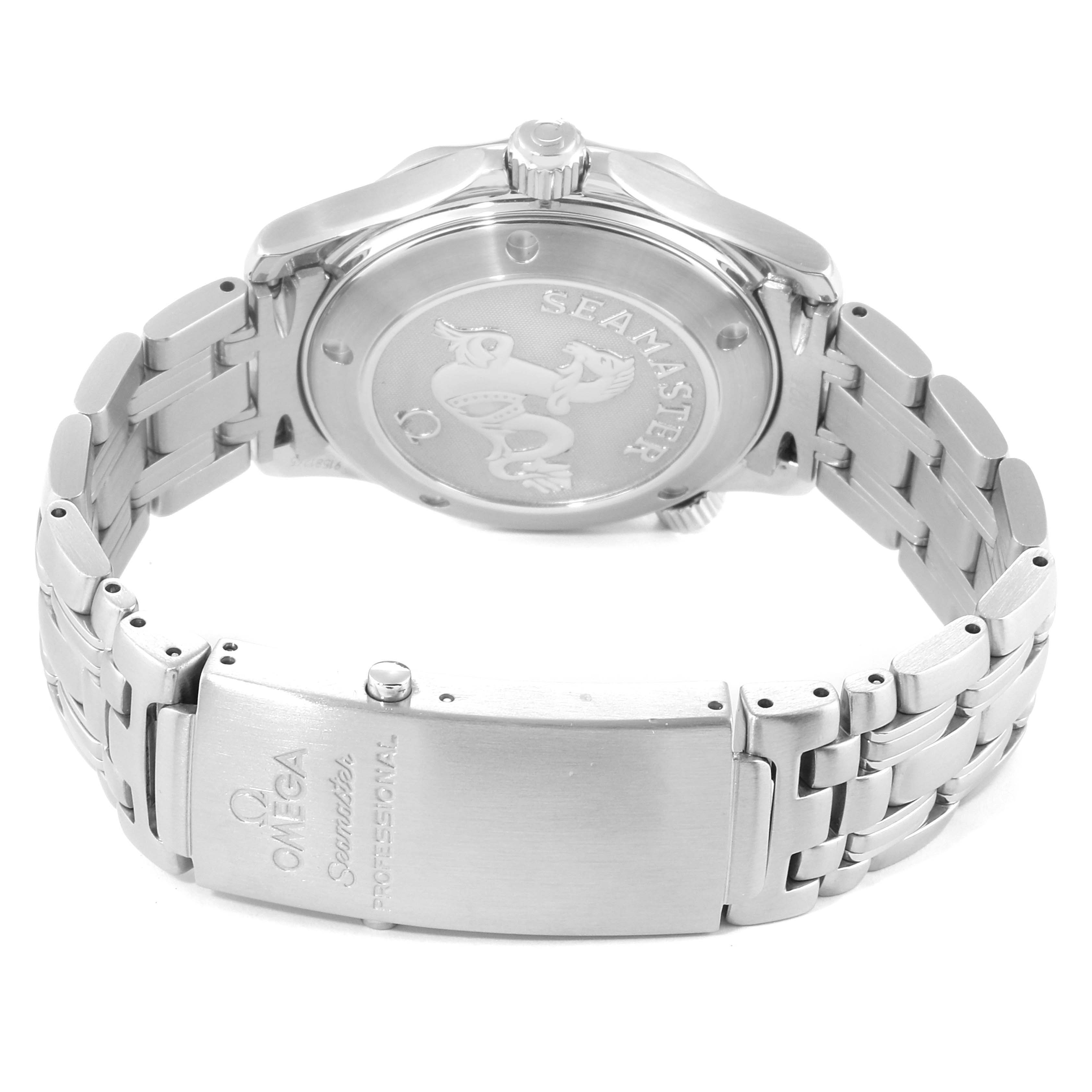 The image shows the back case and clasp of an Omega Seamaster 212.30.36.61.01.001 Men's Stainless Steel Black Dial 212.30.36.61.01.001 Men's Stainless Steel Black Dial watch, highlighting the engraved logo and bracelet.