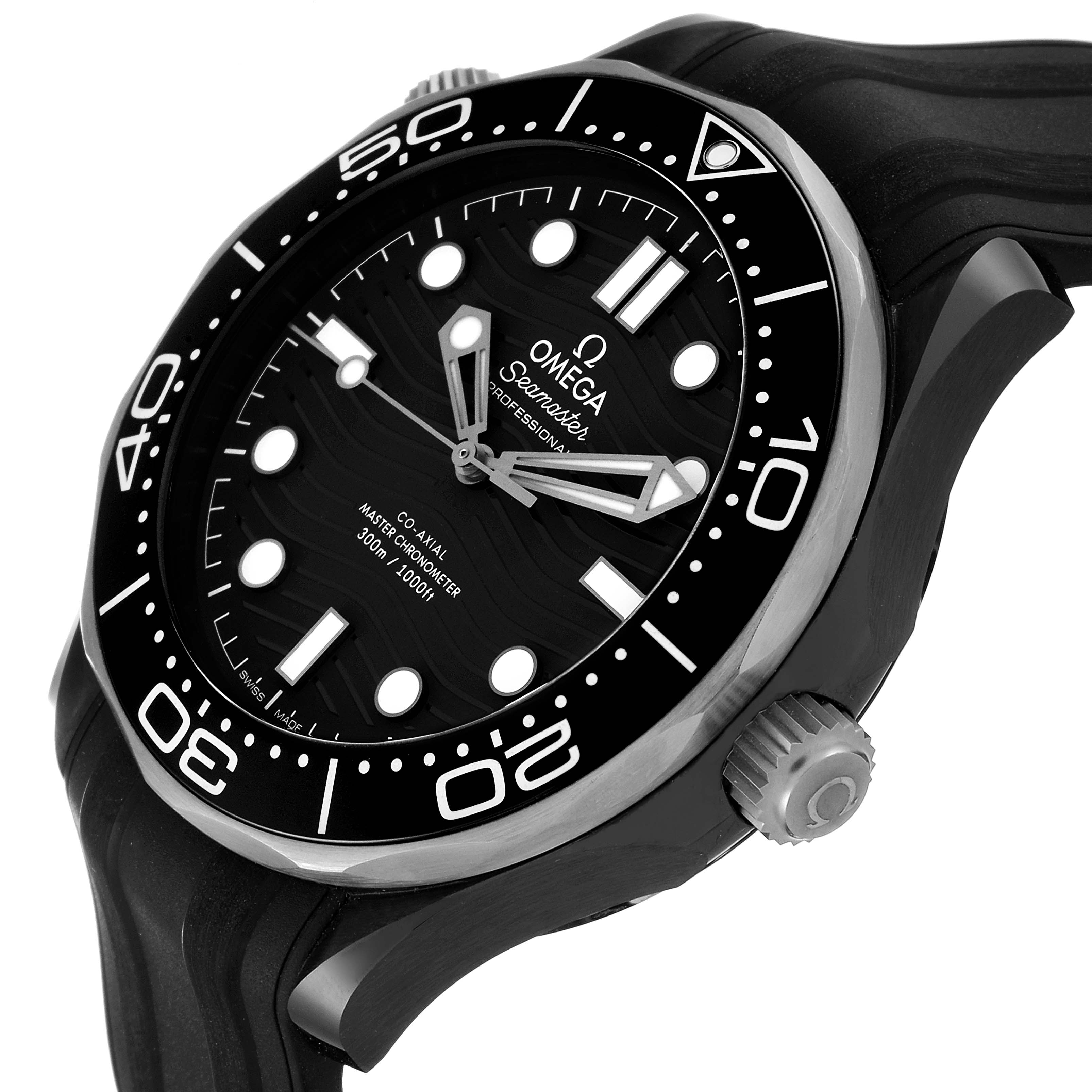 This is an angled view of the Omega Seamaster 210.92.44.20.01.001 Men's Ceramic Black Dial 210.92.44.20.01.001 Men's Ceramic Black Dial watch, showing the face, bezel, and crown.