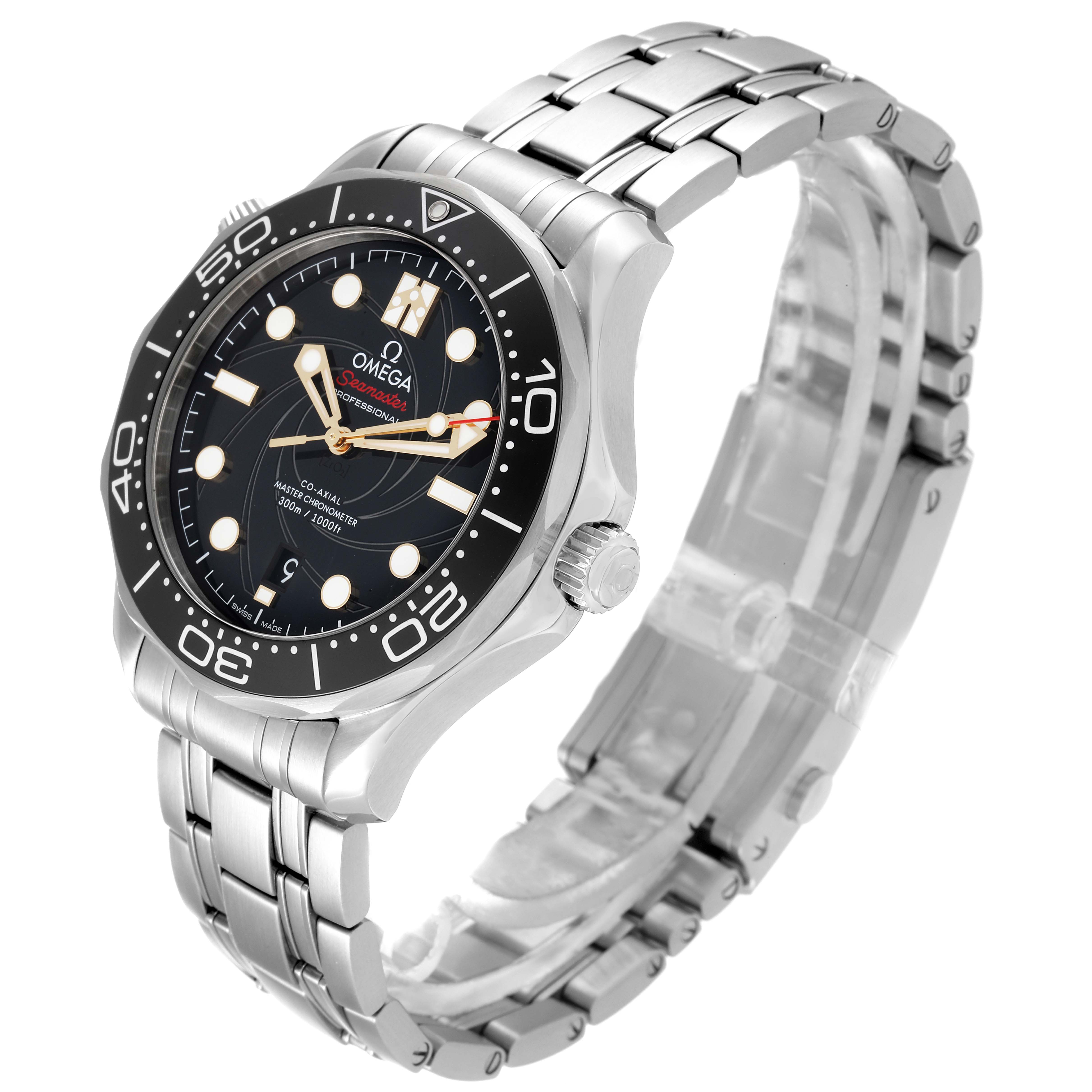 This Omega Seamaster 210.22.42.20.01.004 Men's Stainless Steel Black Dial 210.22.42.20.01.004 Men's Stainless Steel Black Dial watch is shown at a slight angle highlighting the bezel, dial, and stainless steel bracelet.