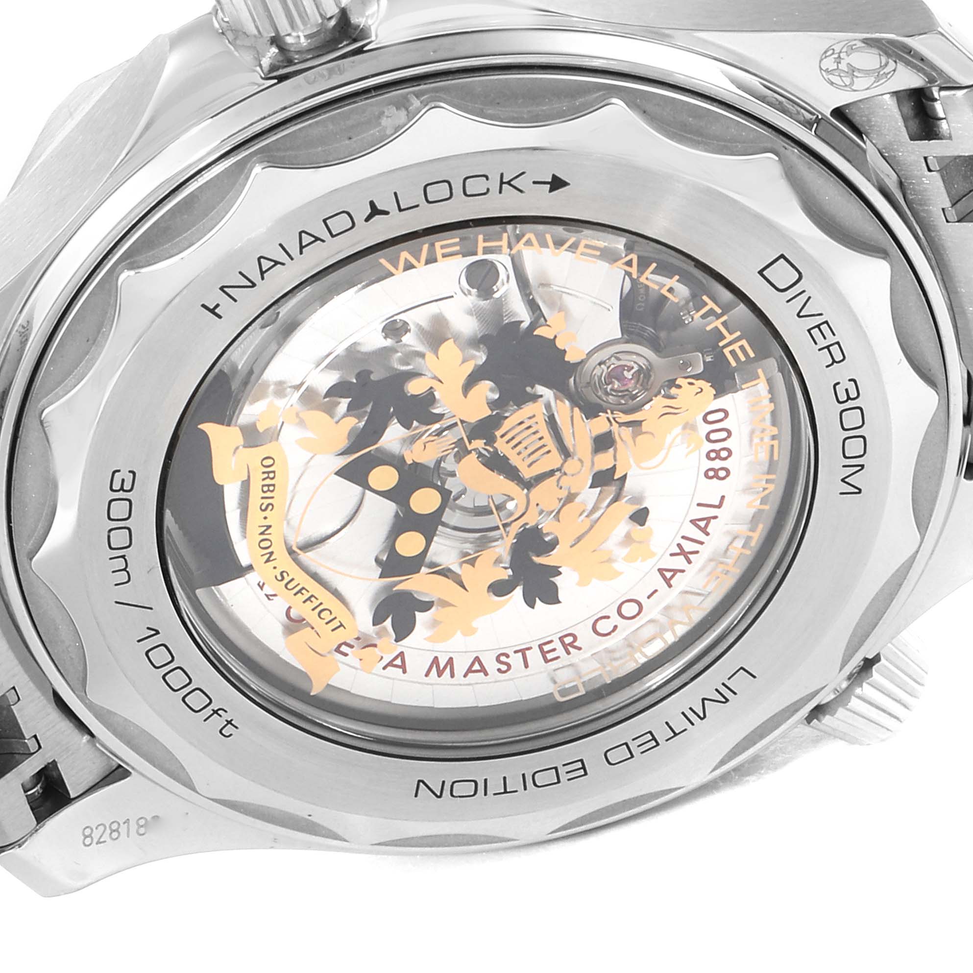 This image shows the case back of the Omega Seamaster 210.22.42.20.01.004 Men's Stainless Steel Black Dial 210.22.42.20.01.004 Men's Stainless Steel Black Dial Diver 300M Limited Edition watch, displaying its intricate design and text details.